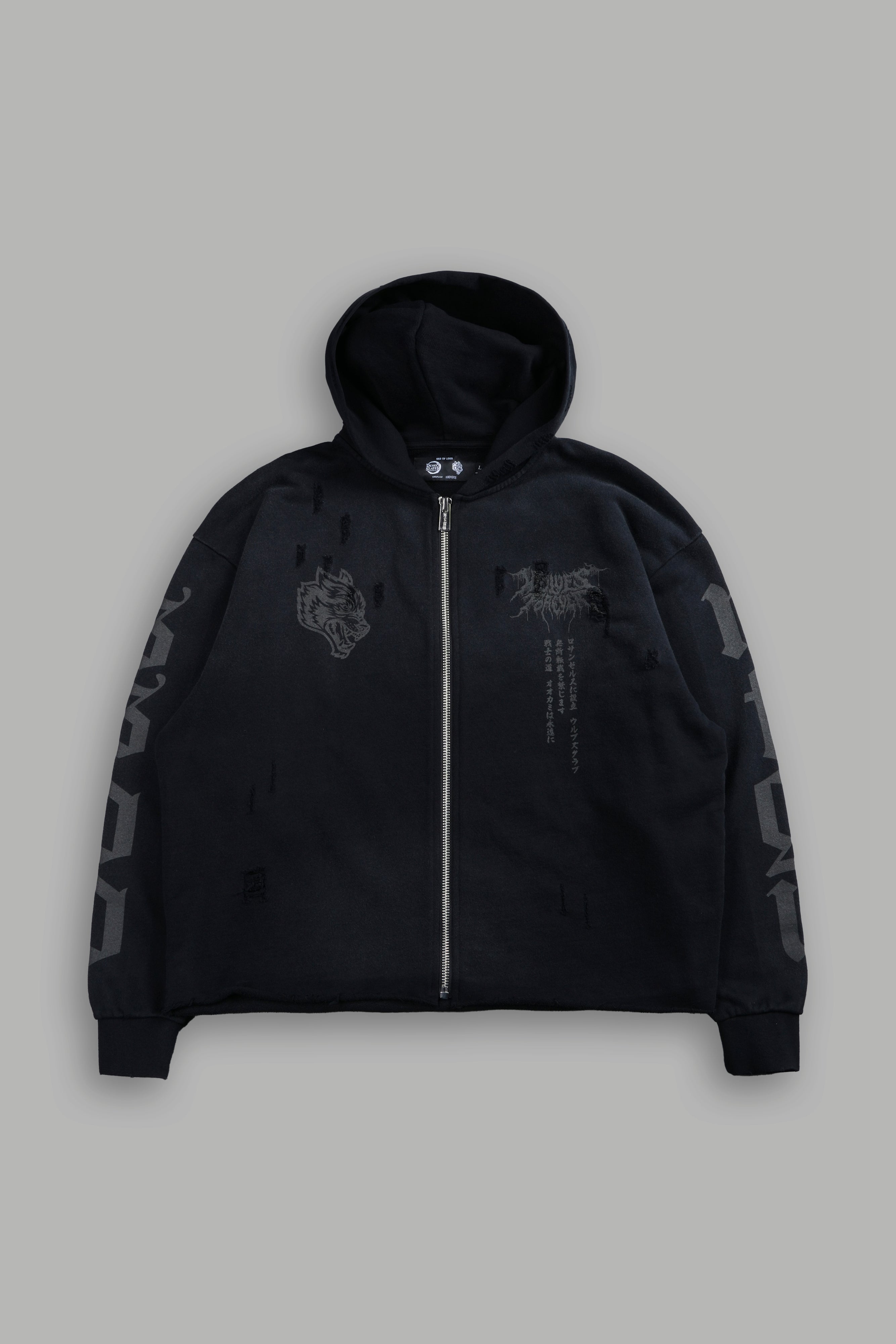 Blood Moon Distressed Grunge Mid Length Raw Hem Zip Hoodie in Black Sun Fade