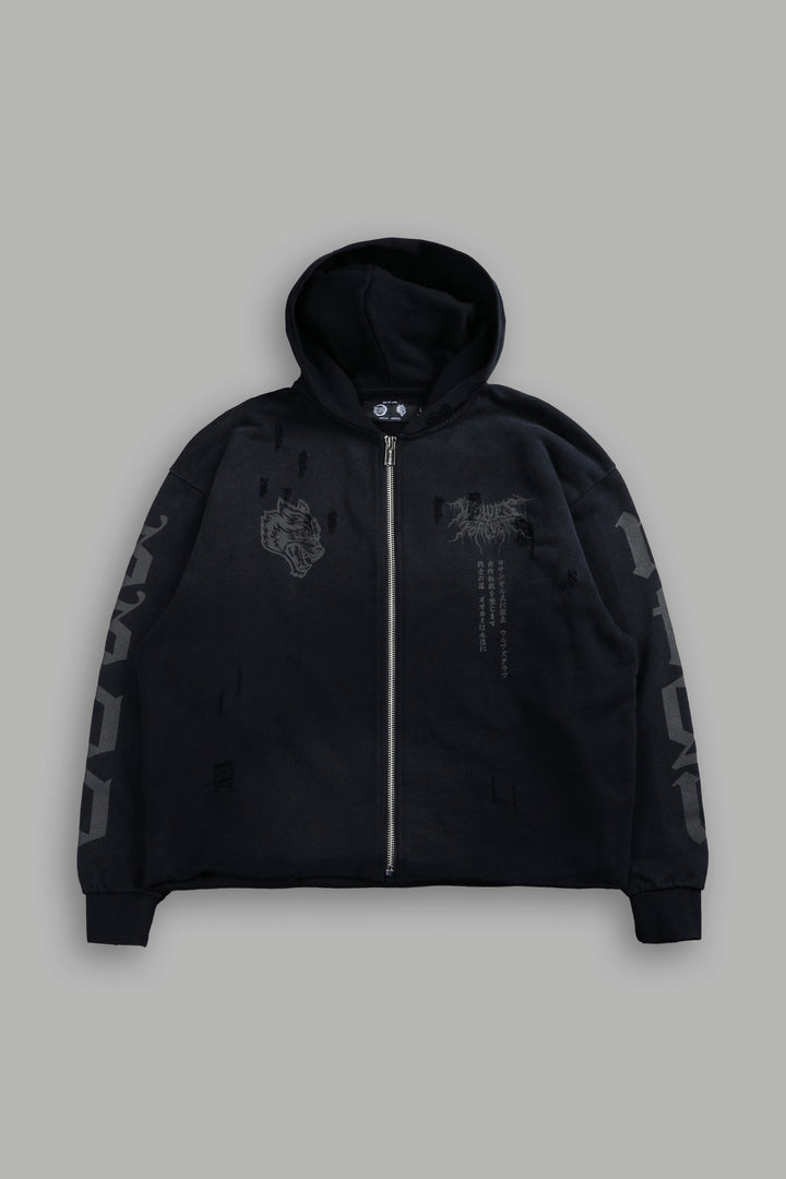 Blood Moon Distressed Grunge Mid Length Raw Hem Zip Hoodie in Black Sun Fade