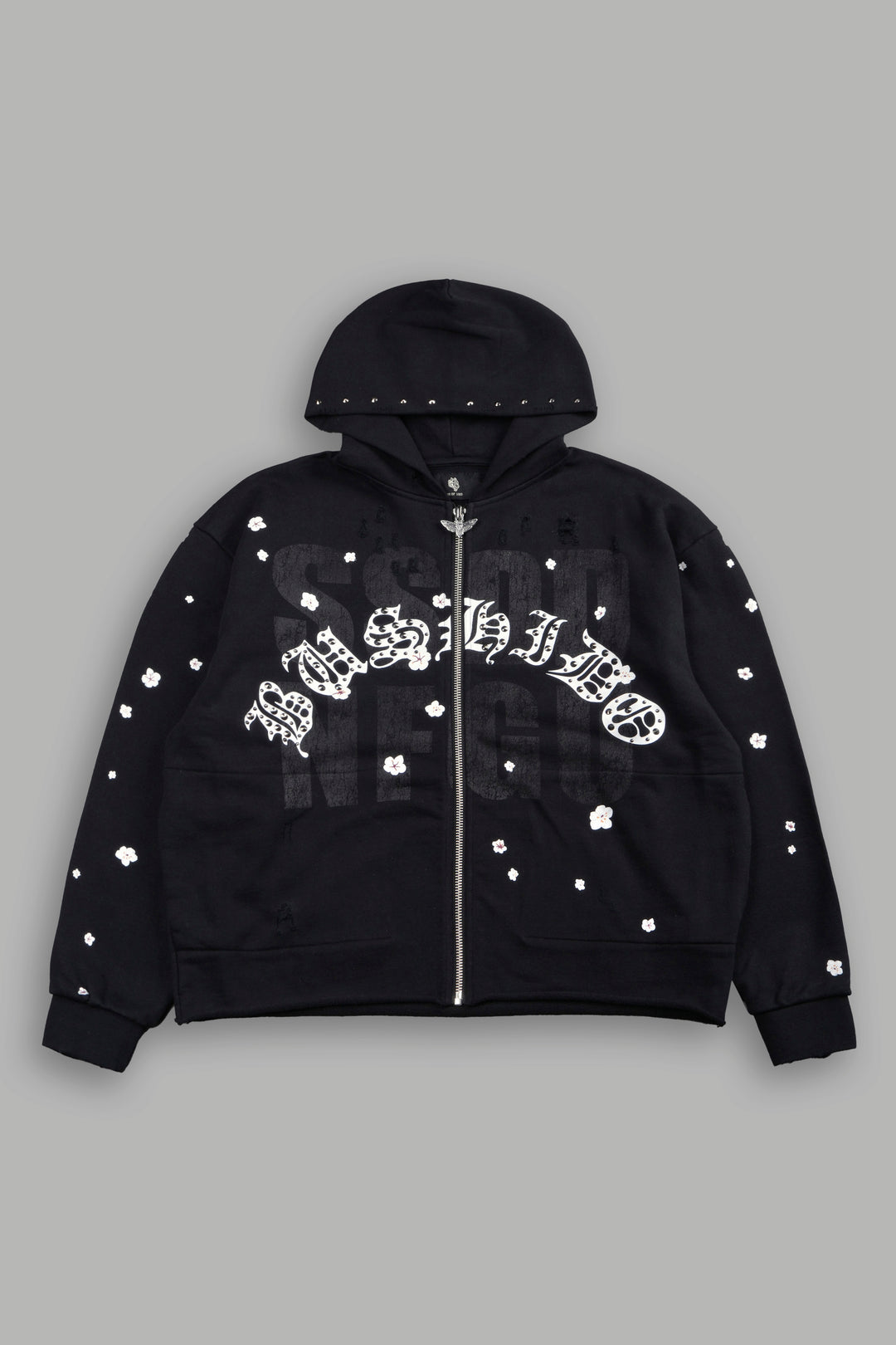 Ssddnfgu Bushido Distressed Grunge Mid Length Raw Hem Zip Hoodie in Black