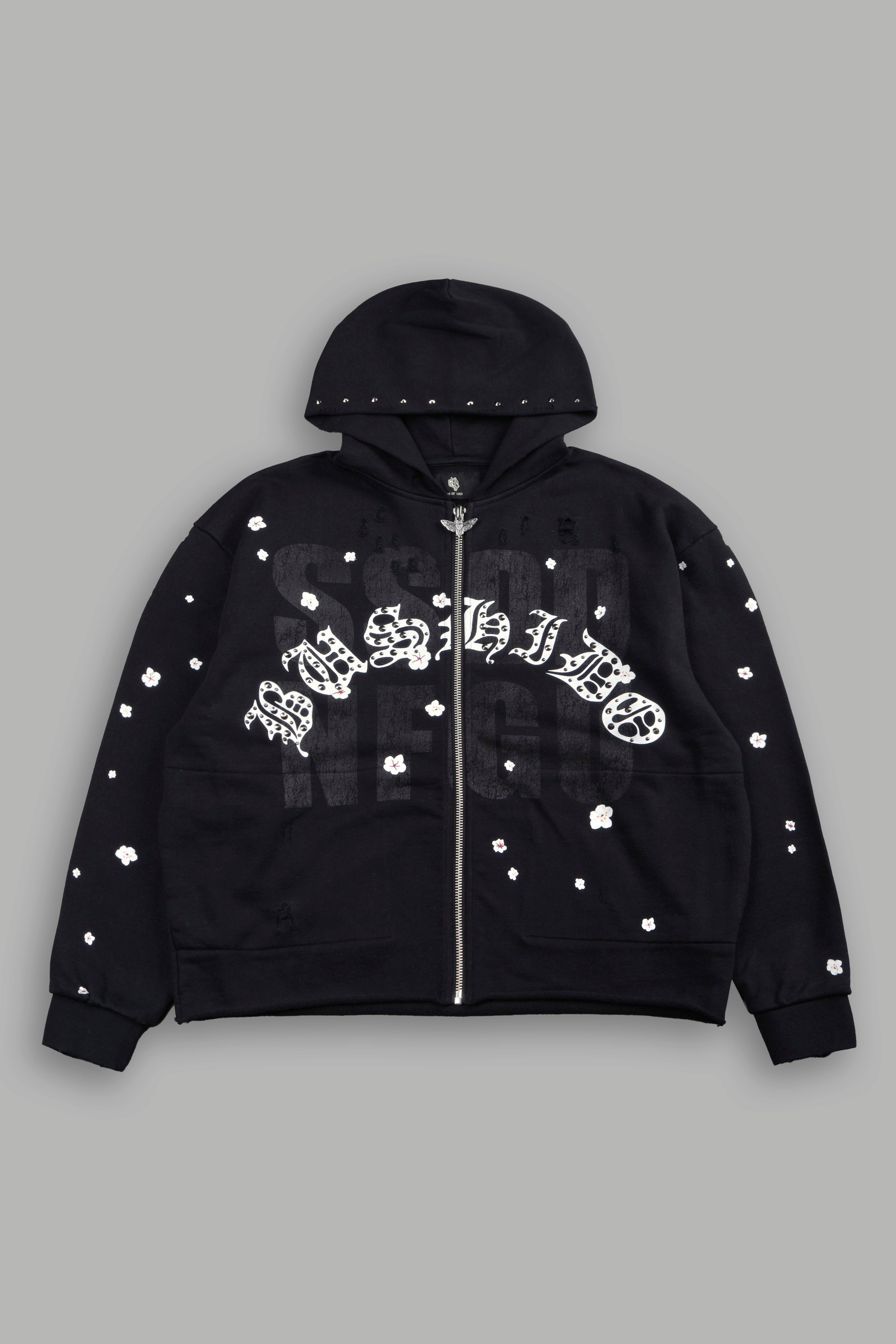 Ssddnfgu Bushido Distressed Grunge Mid Length Raw Hem Zip Hoodie in Black
