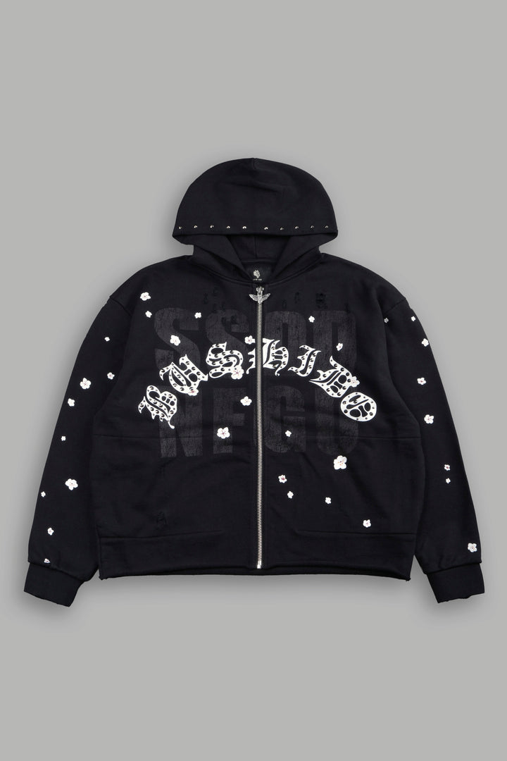 Ssddnfgu Bushido Distressed Grunge Mid Length Raw Hem Zip Hoodie in Black