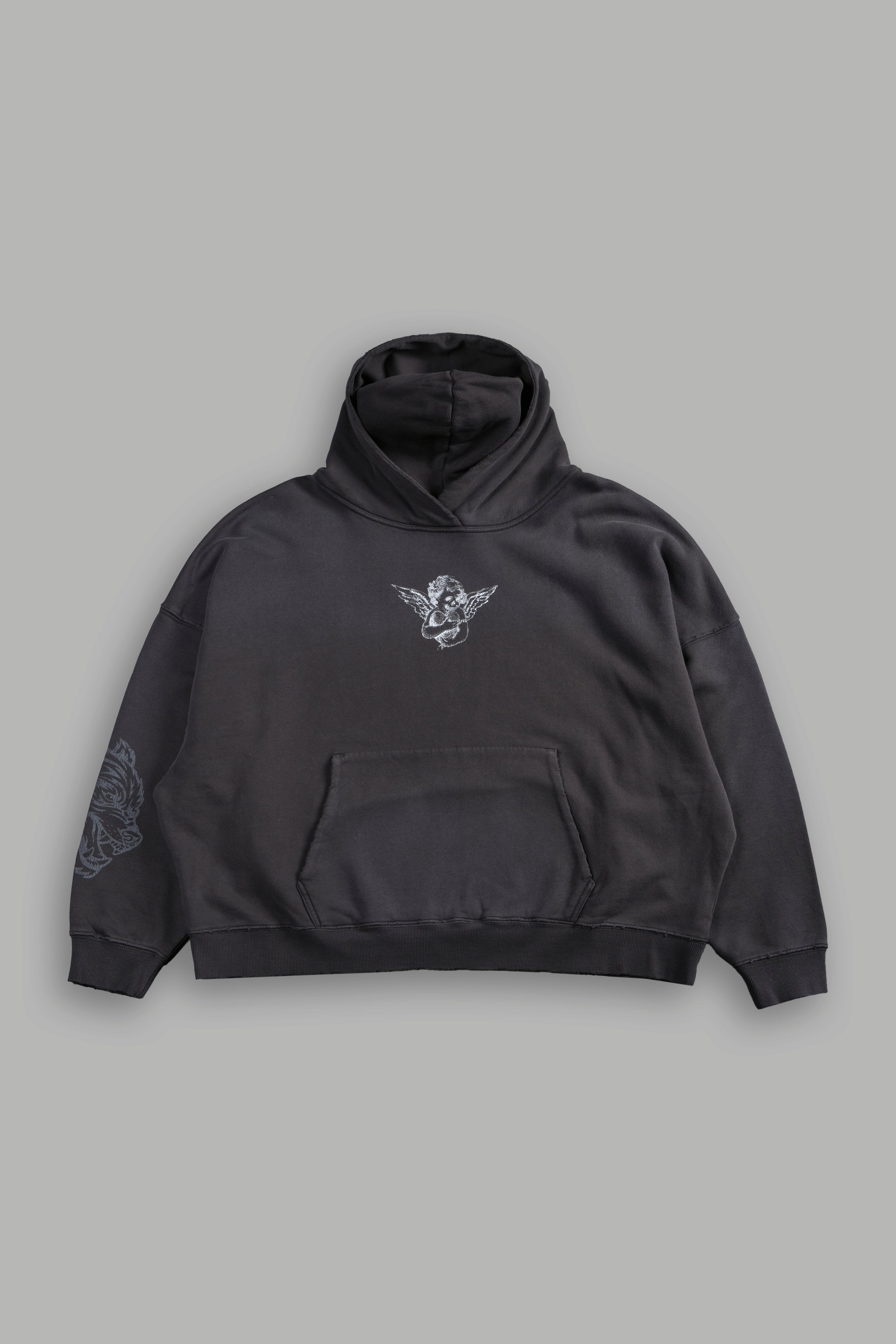 Shielded Heart Destroyed Grunge "Gage Box Cut" Hoodie in Wolf Gray Drift Wash