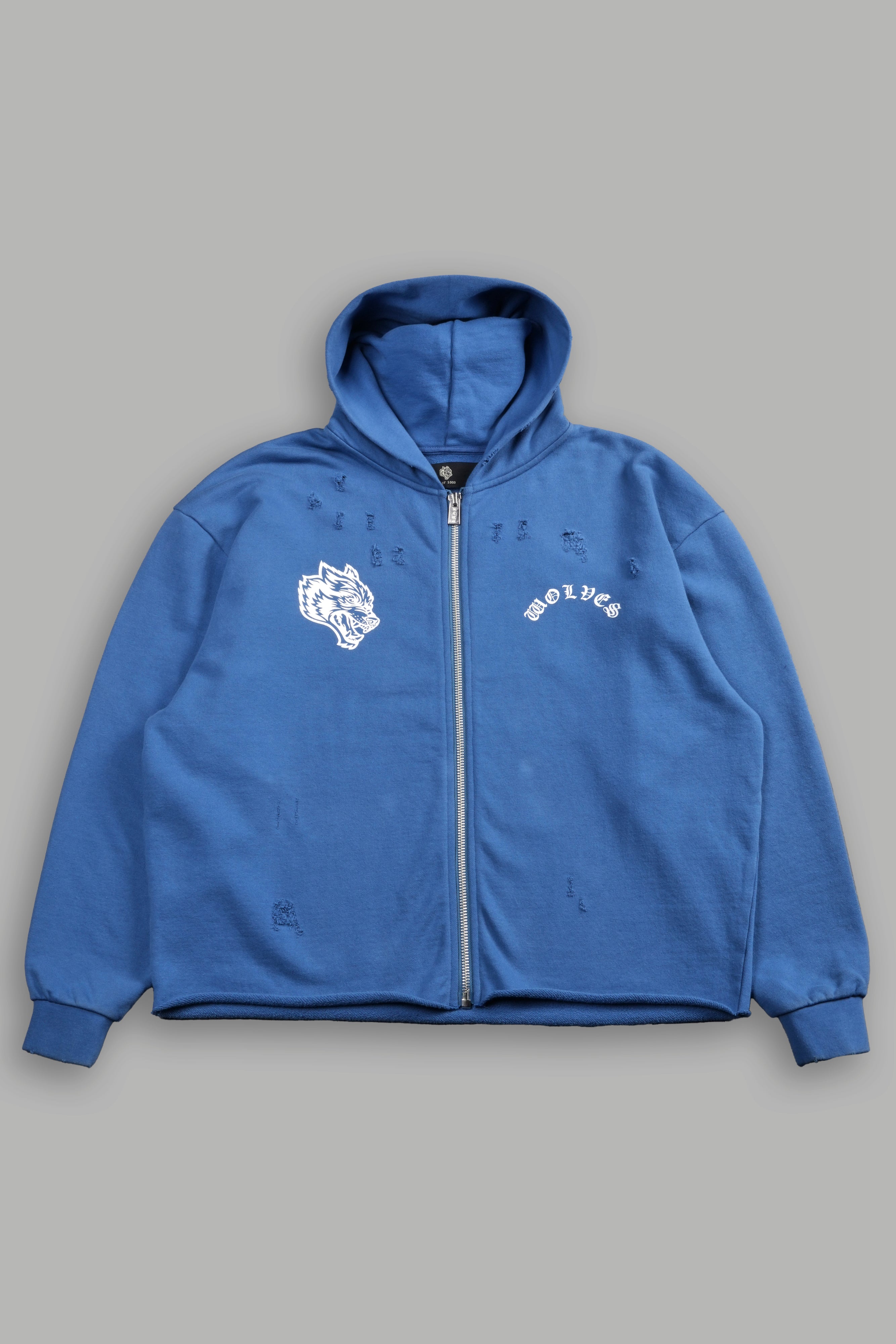 Los Cherub Distressed Grunge Mid Length Raw Hem Zip Hoodie in La Blue