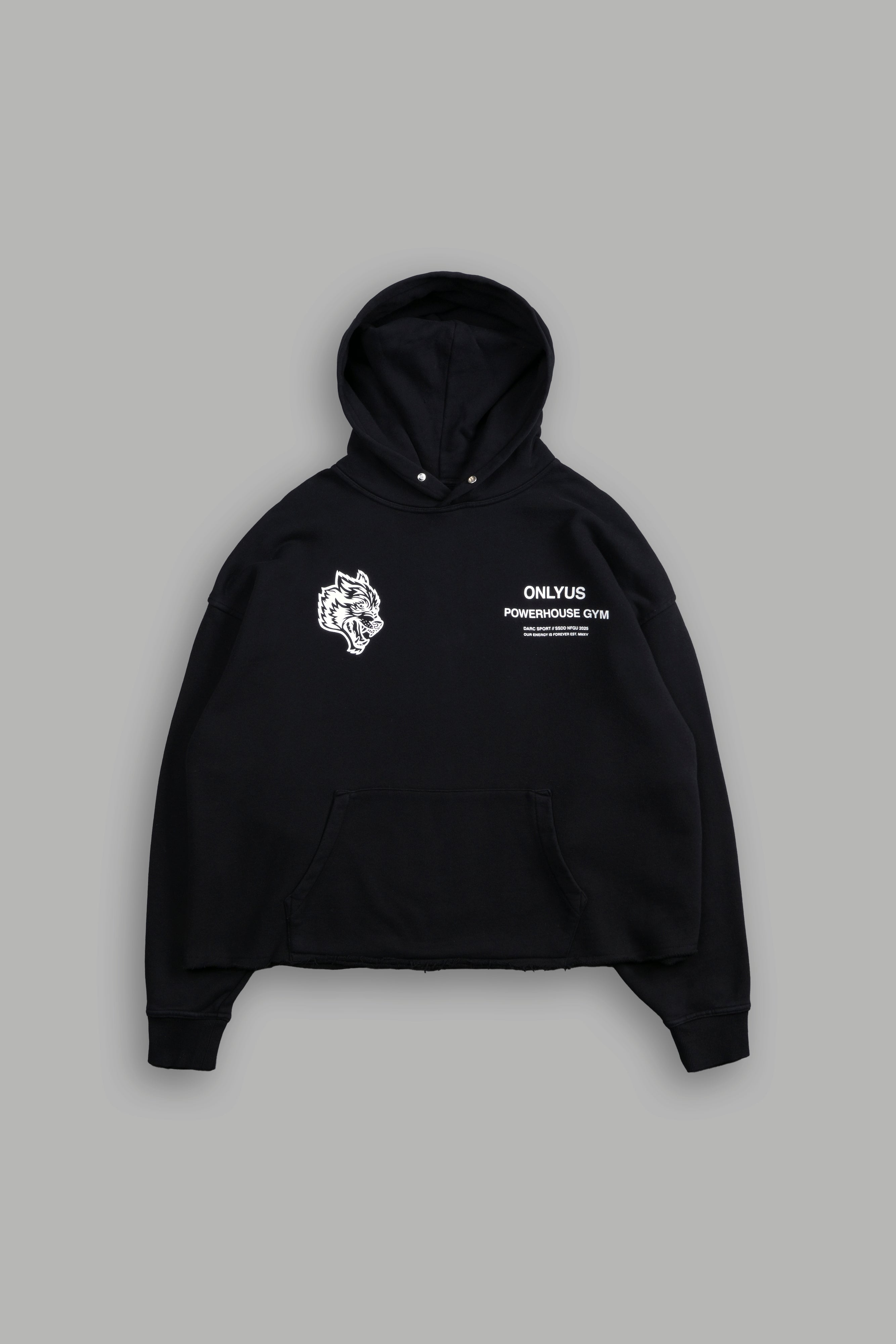 Only Us Gym Raw Hem "Box Cut" Pierce Hoodie in Black