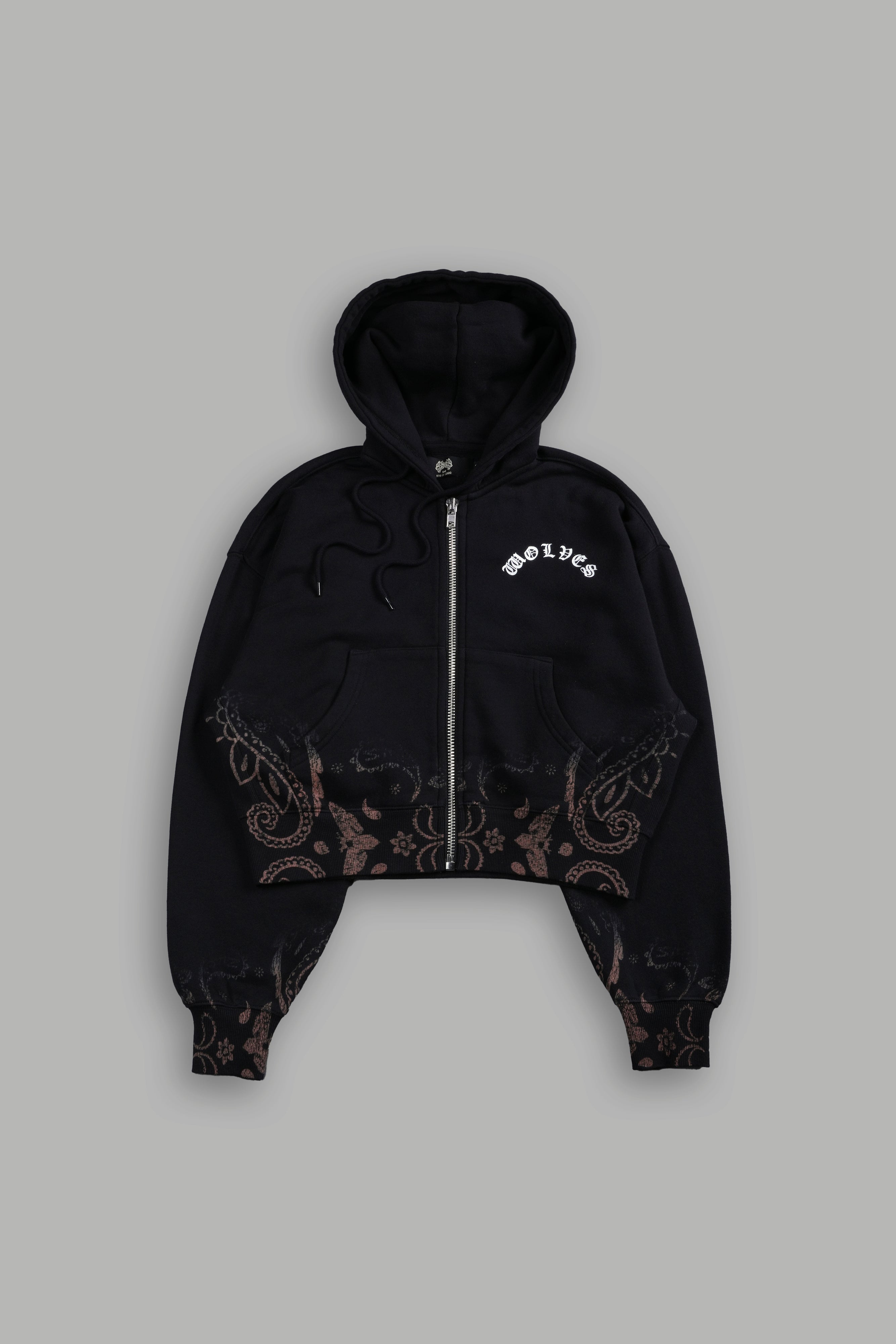 Faded Paisley "Sage" Cropped Zip Hoodie in Black