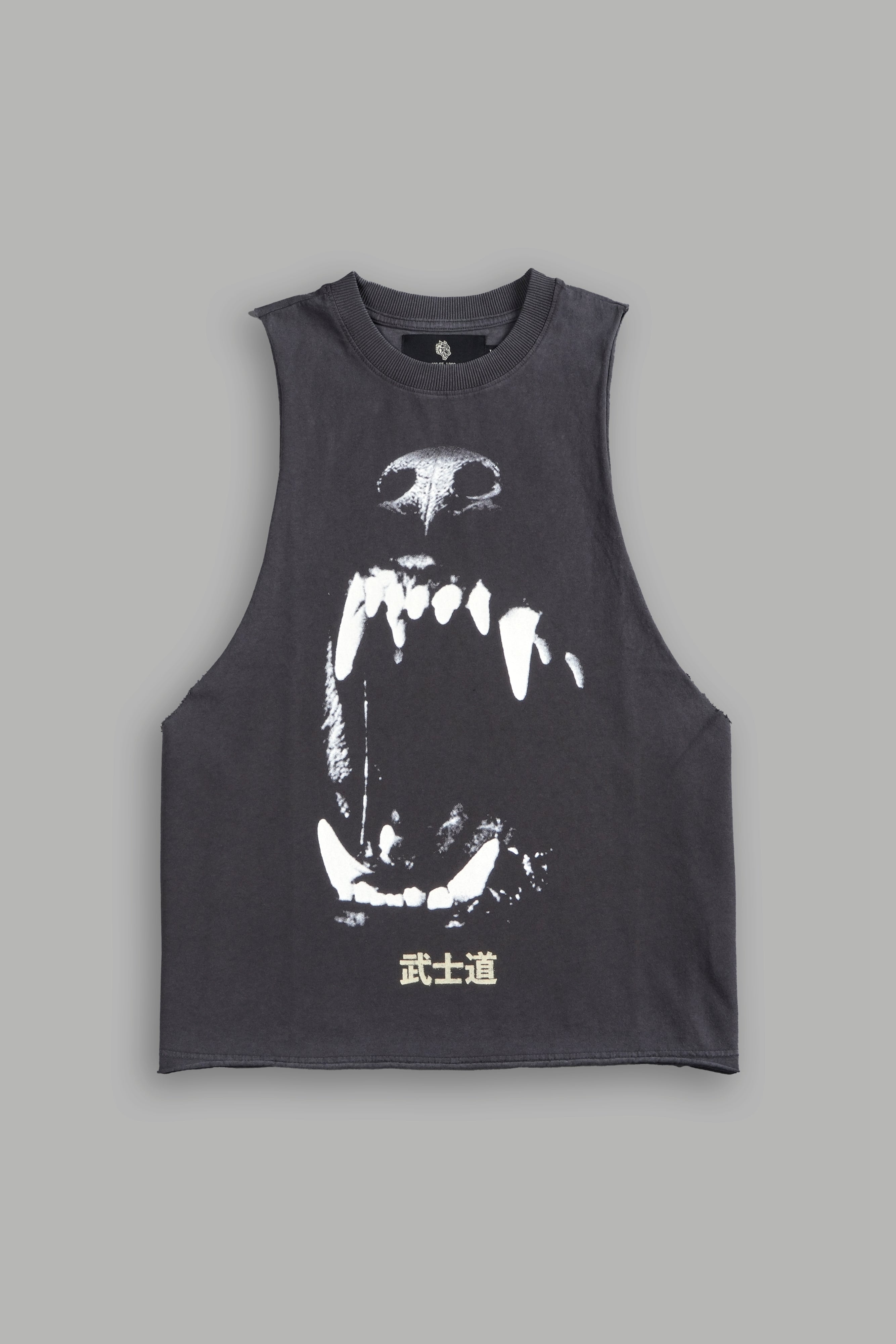 Blood Thirsty Kanji Grunge Raw Cropped "Tommy" Muscle Tee in Wolf Gray