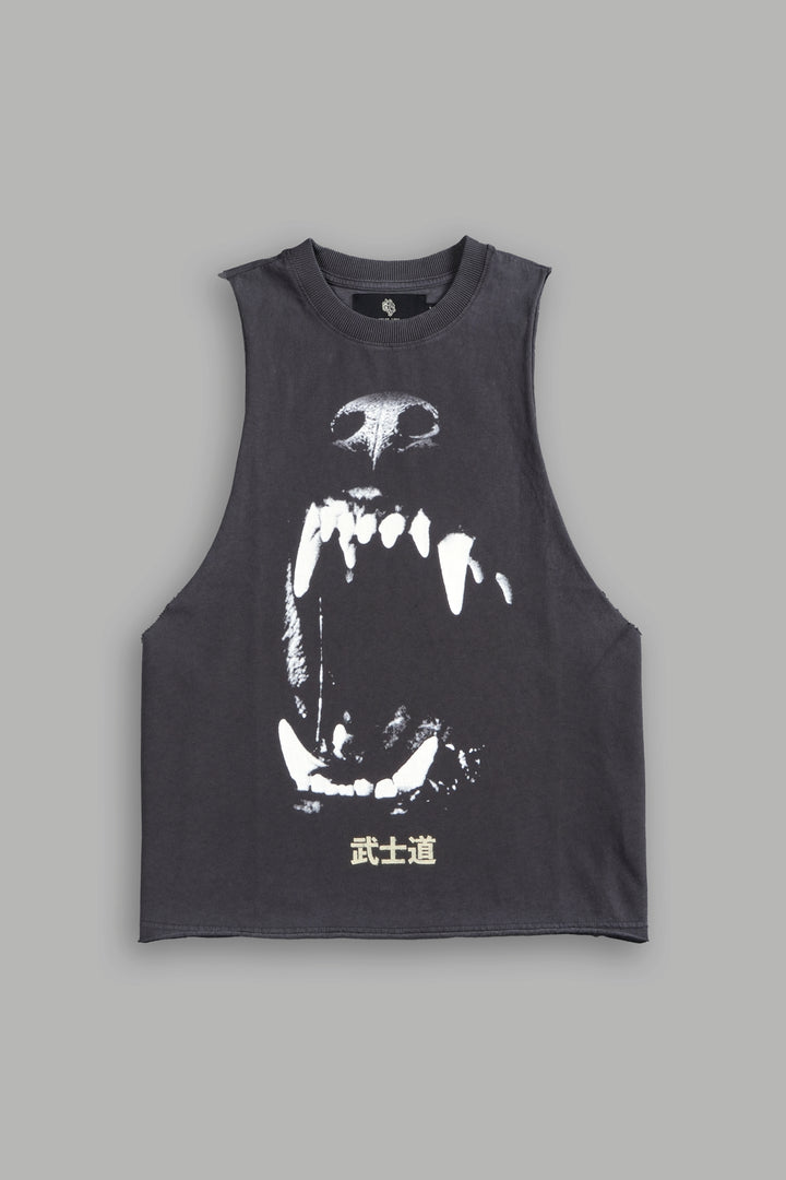 Blood Thirsty Kanji Grunge Raw Cropped "Tommy" Muscle Tee in Wolf Gray