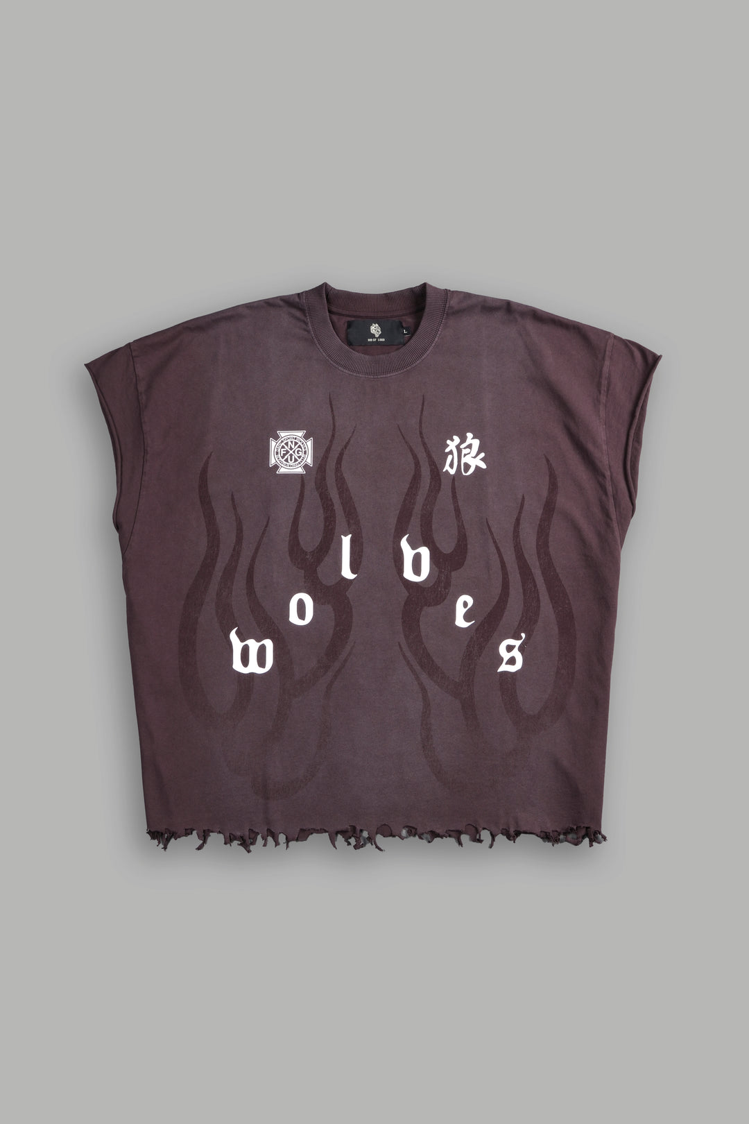 Wolves Flame Destroyed Grunge Cut-Off Tee in Darc Garnet Spine Sun Fade