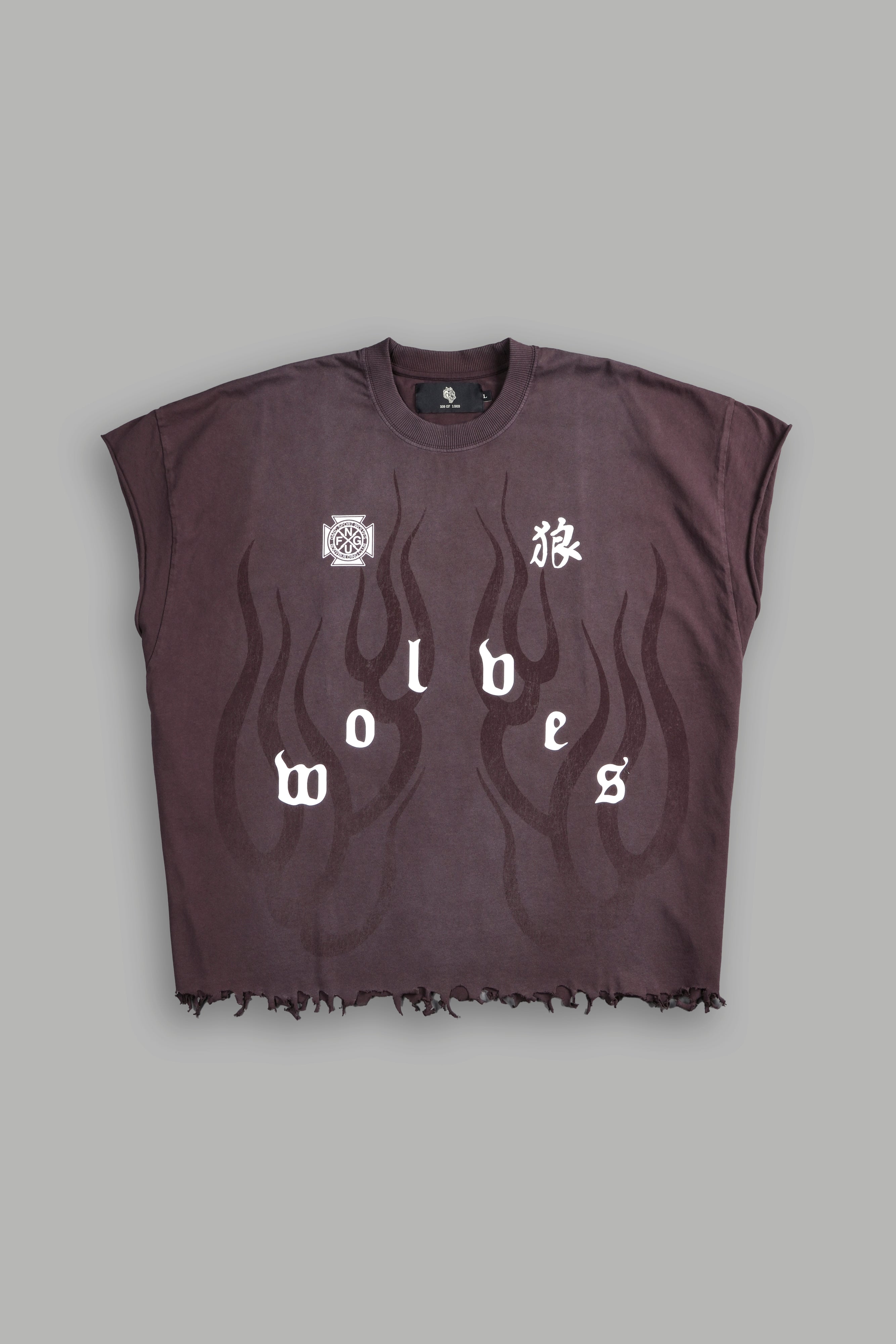 Wolves Flame Destroyed Grunge Cut-Off Tee in Darc Garnet Spine Sun Fade