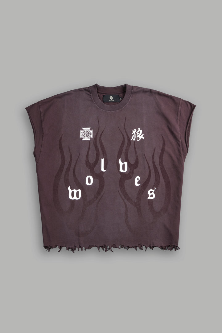 Wolves Flame Destroyed Grunge Cut-Off Tee in Darc Garnet Spine Sun Fade