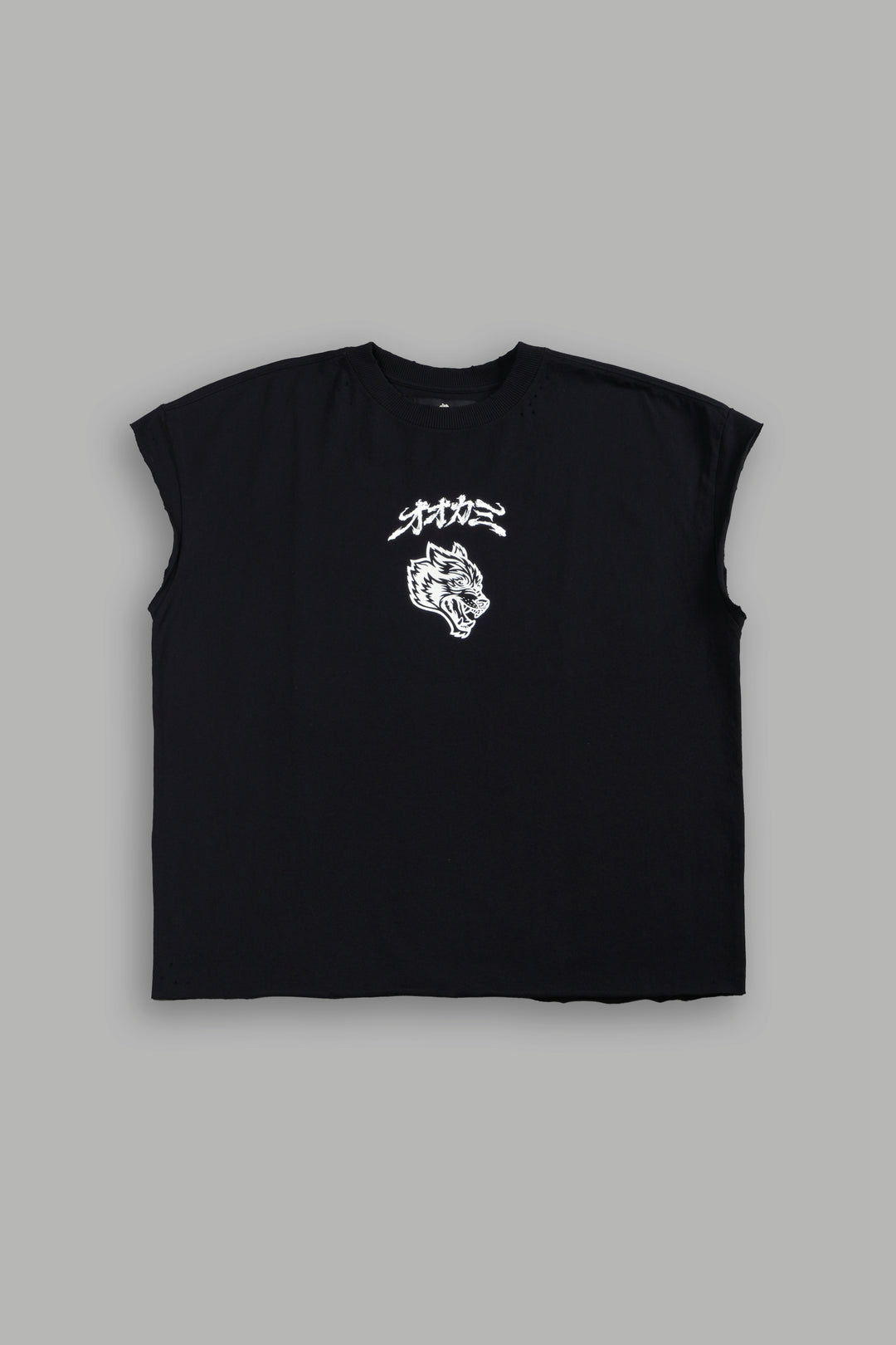 Our Code Distressed Grunge Cut Off Mid Length Raw Hem Tee in Black