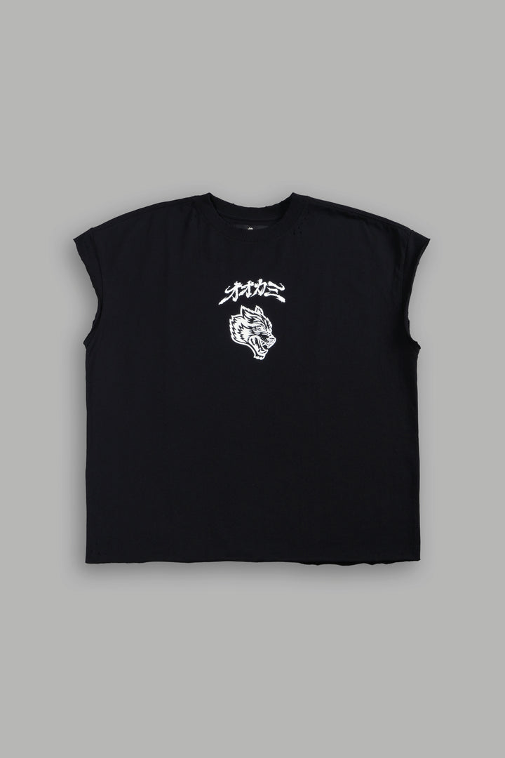 Our Code Distressed Grunge Cut Off Mid Length Raw Hem Tee in Black