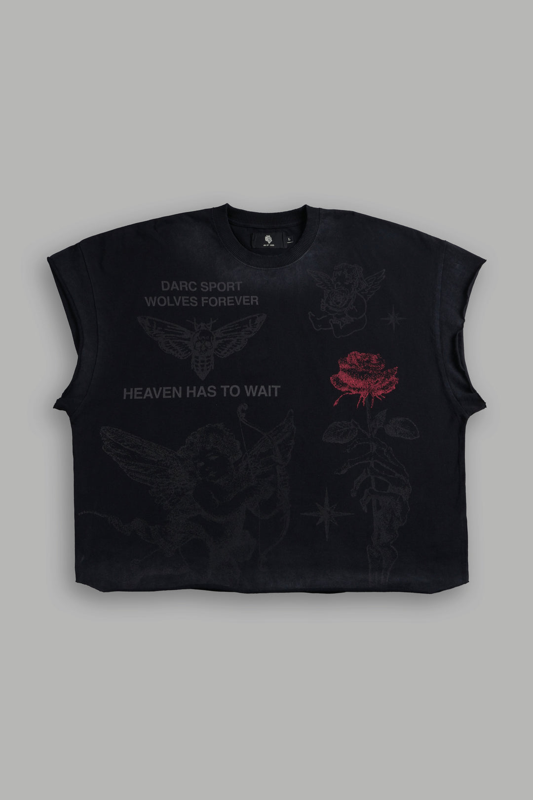 Sacred Flash Grunge Cut-Off Tee in Black Drift Wash