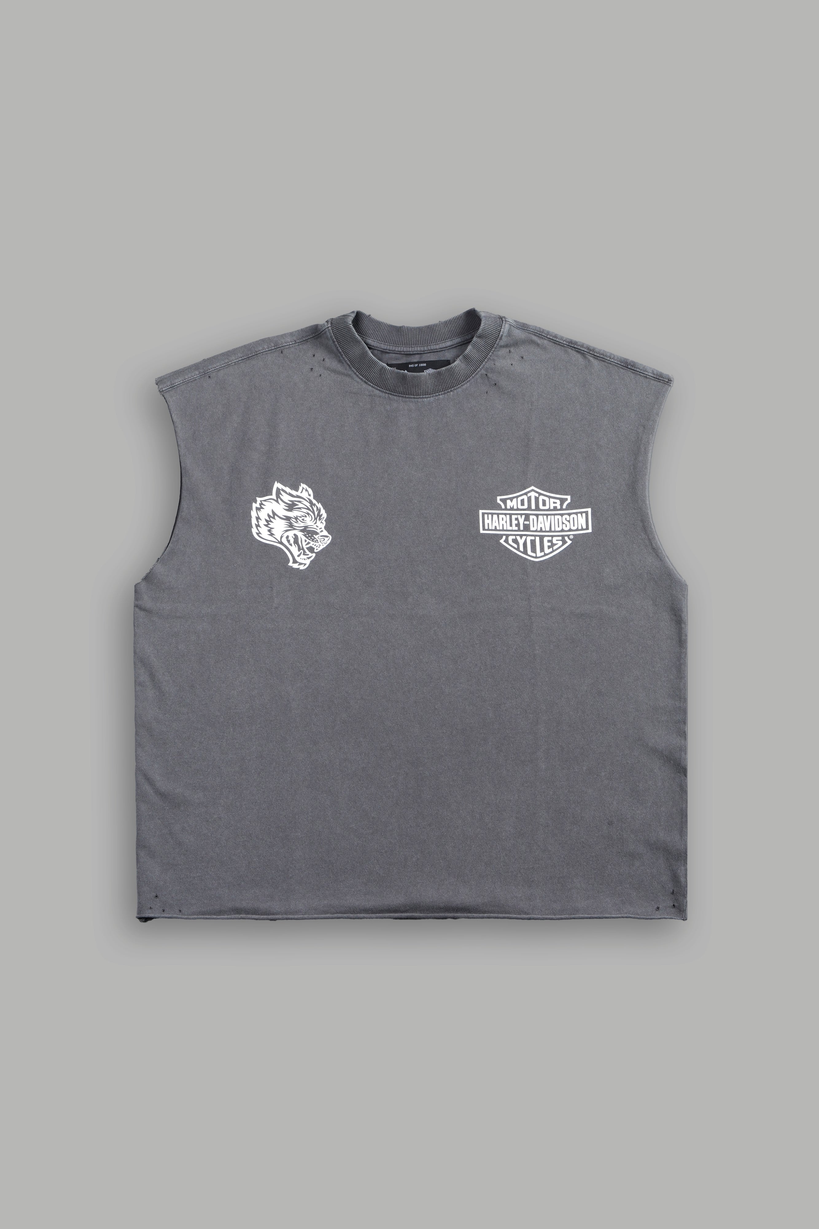 Live Free H-D Distressed Grunge Mid Length Raw Hem Muscle Tee in Slate Gray