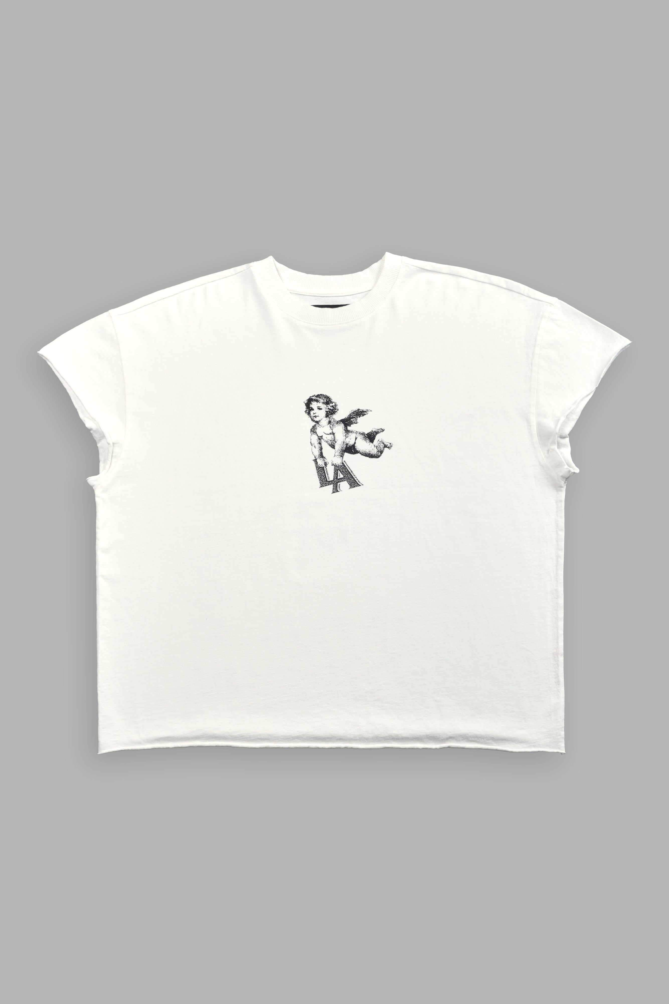 La Cherub Grunge Mid Length Raw Hem Cap Sleeve Tee in Cream