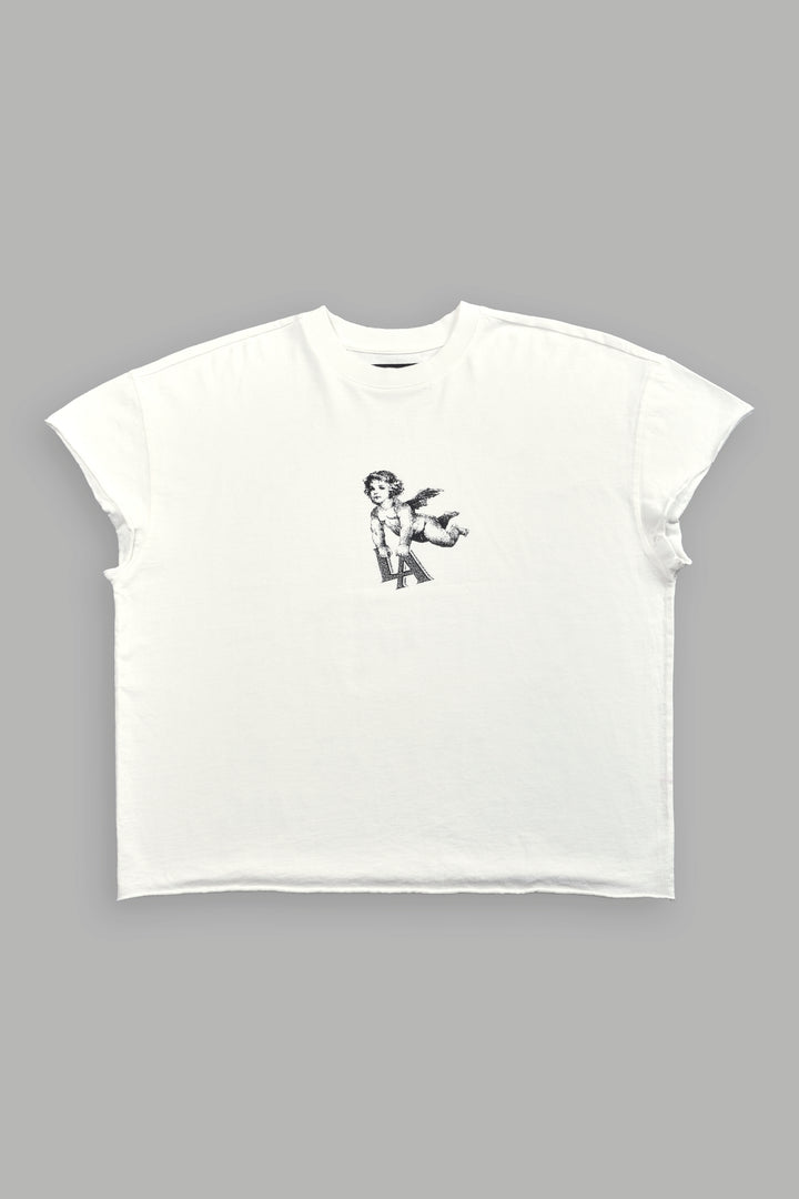 La Cherub Grunge Mid Length Raw Hem Cap Sleeve Tee in Cream