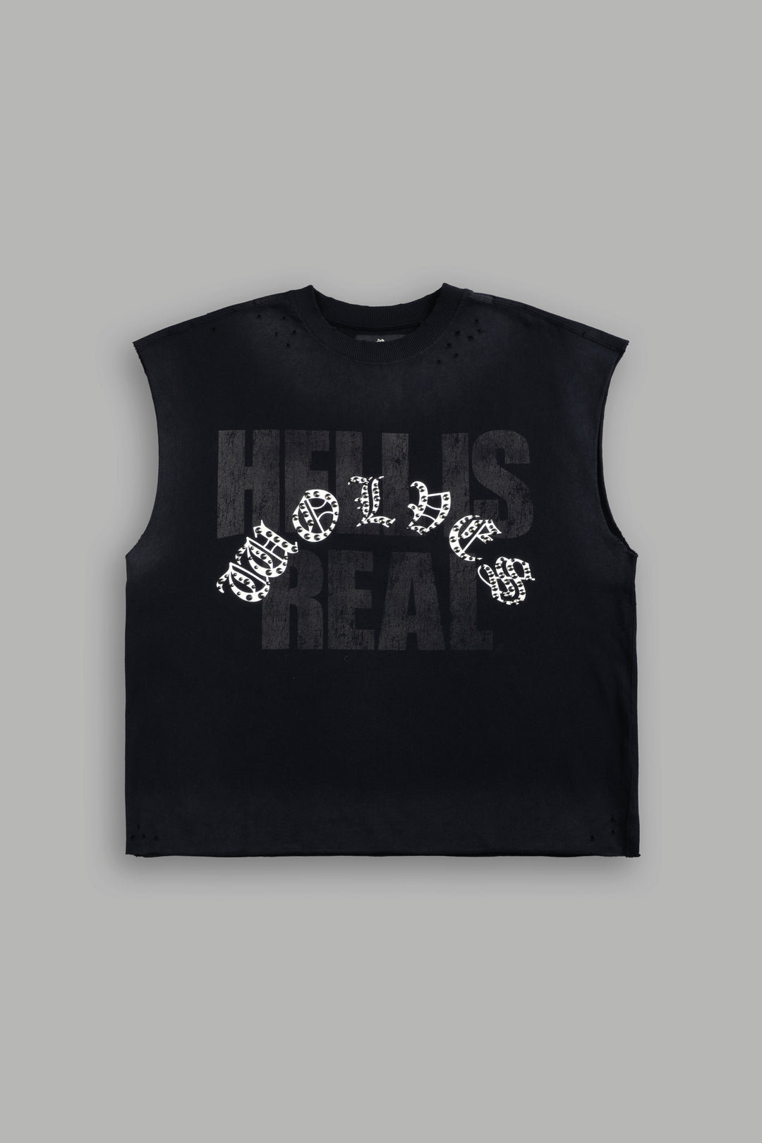 Hell is Real Distressed Grunge Mid-Length Raw Hem Muscle Tee in Black Drift Wash