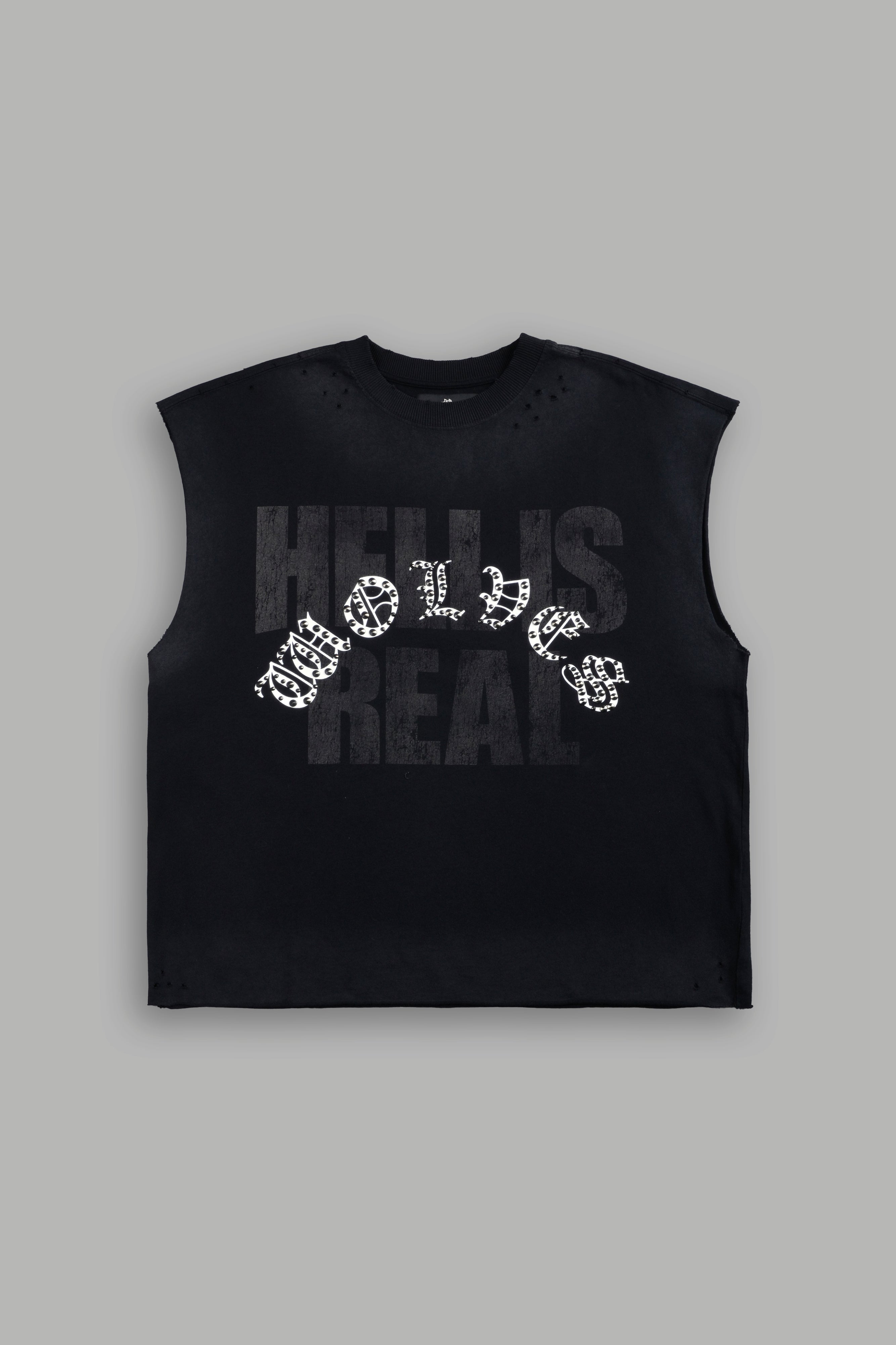 Hell is Real Distressed Grunge Mid-Length Raw Hem Muscle Tee in Black Drift Wash