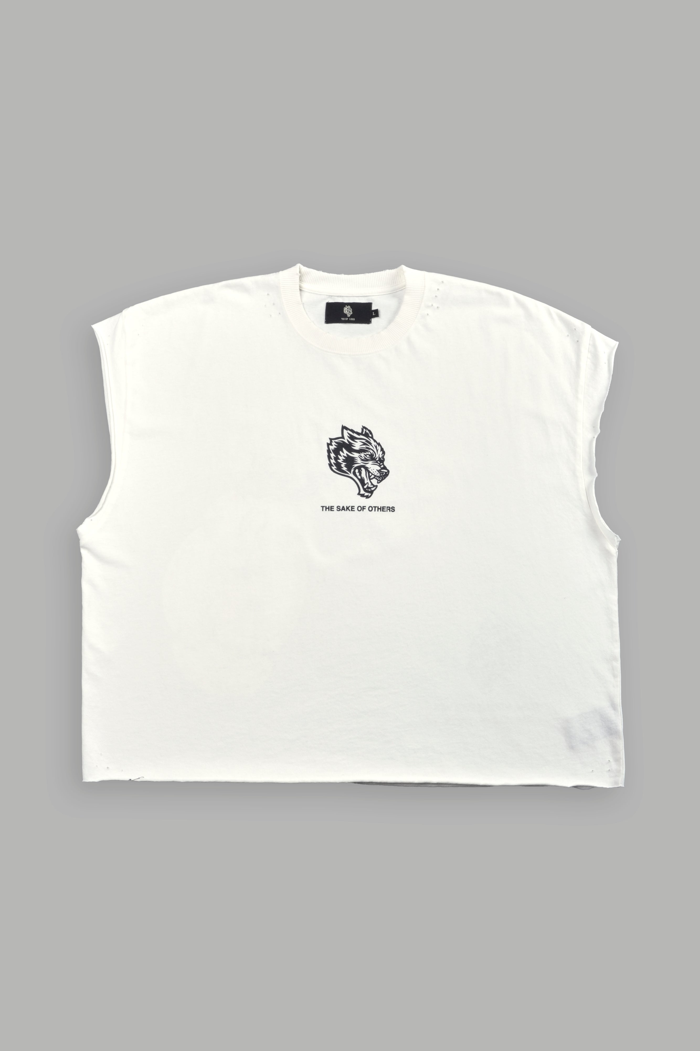 Holy Vow Distressed Grunge Cut-Off Mid-Length Raw Hem Tee in Cream