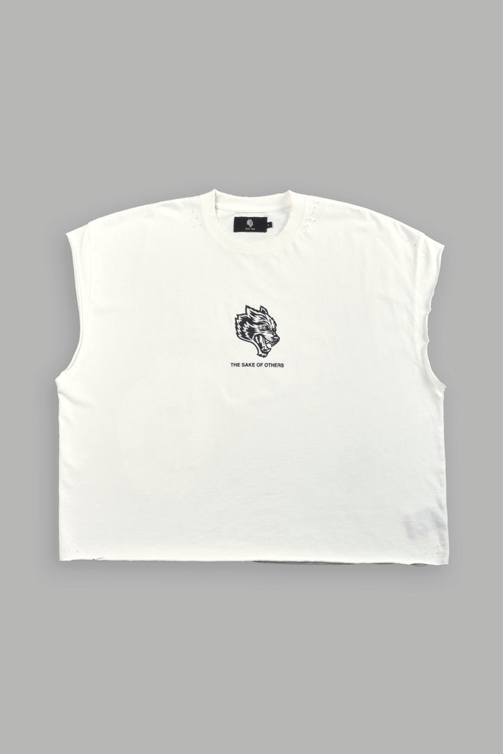 Holy Vow Distressed Grunge Cut-Off Mid-Length Raw Hem Tee in Cream