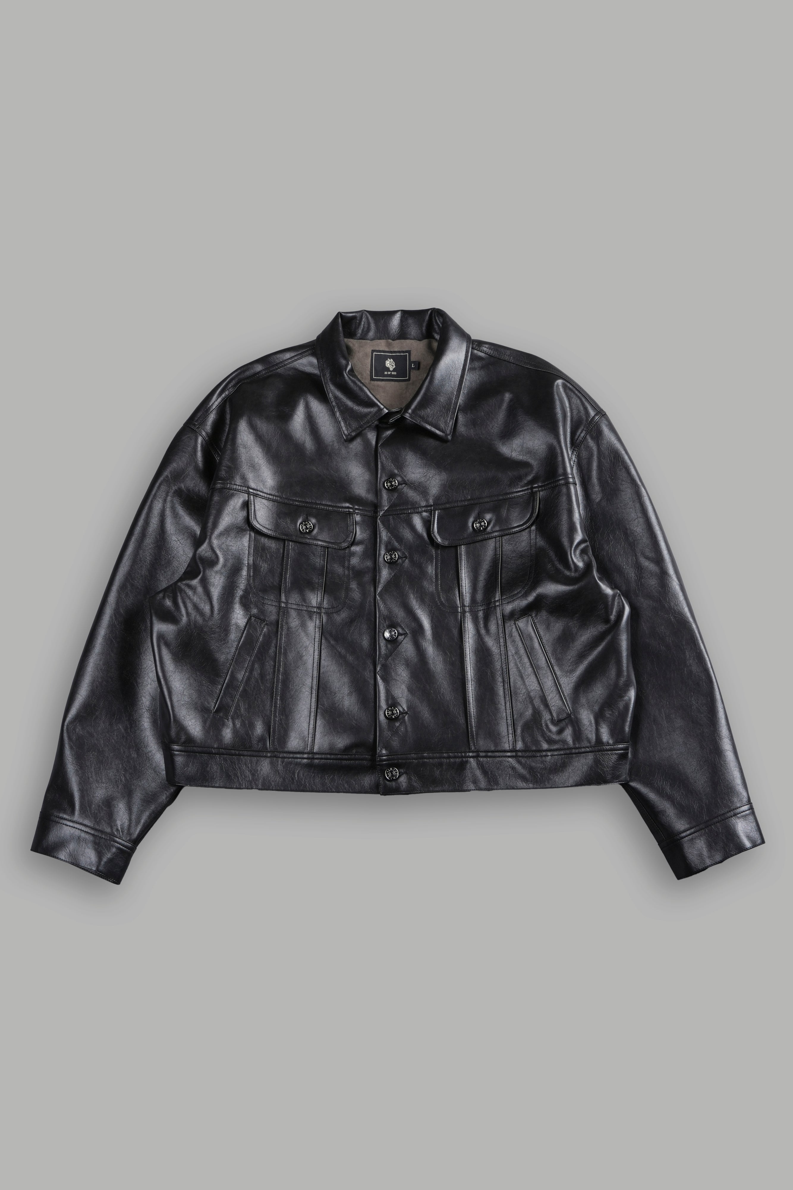 Single Wolf Faux Leather American Cropped Jacket in Darc Charcoal