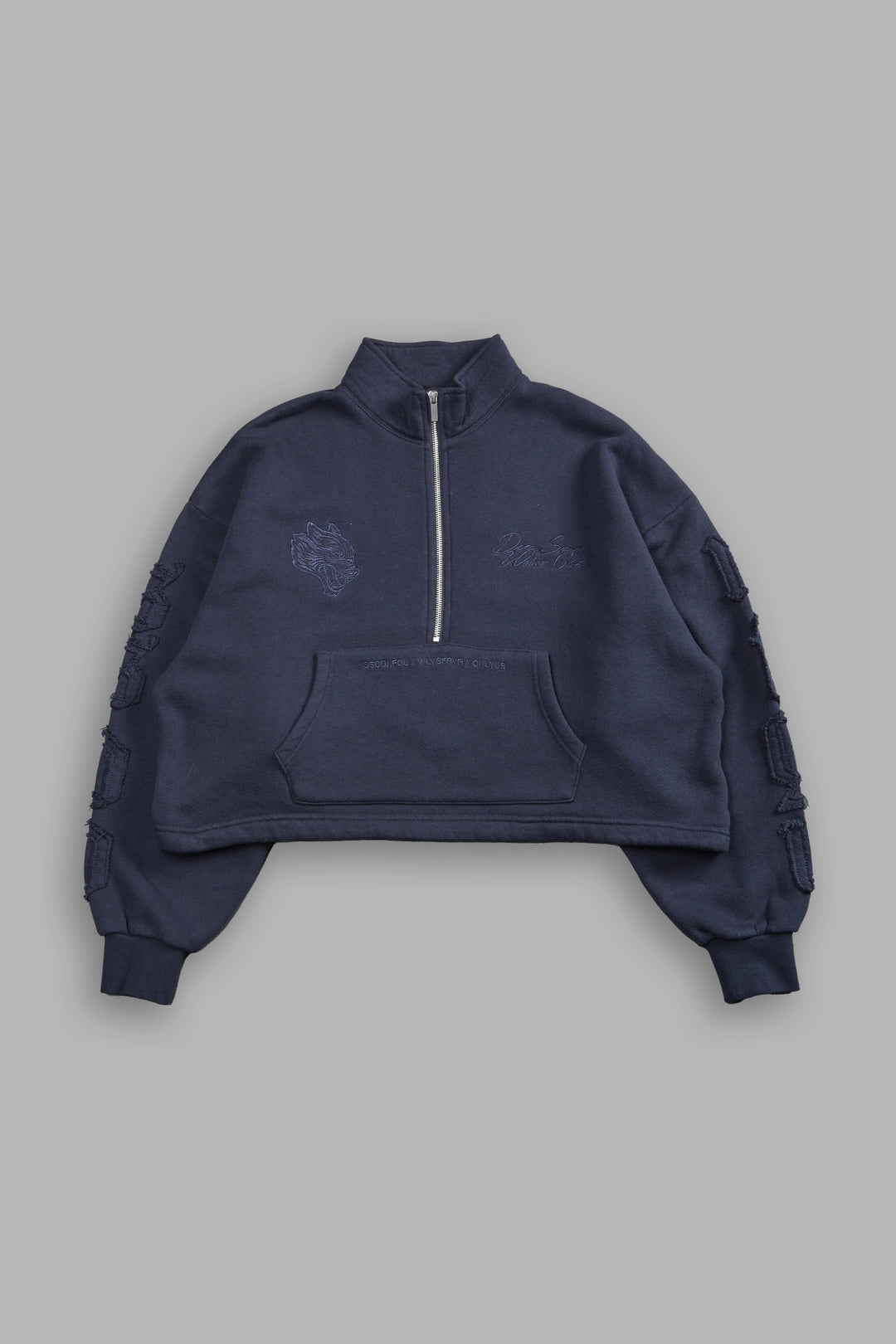 Our Mantra Appliqué Oversized "Everson" Mockneck in Midnight Blue