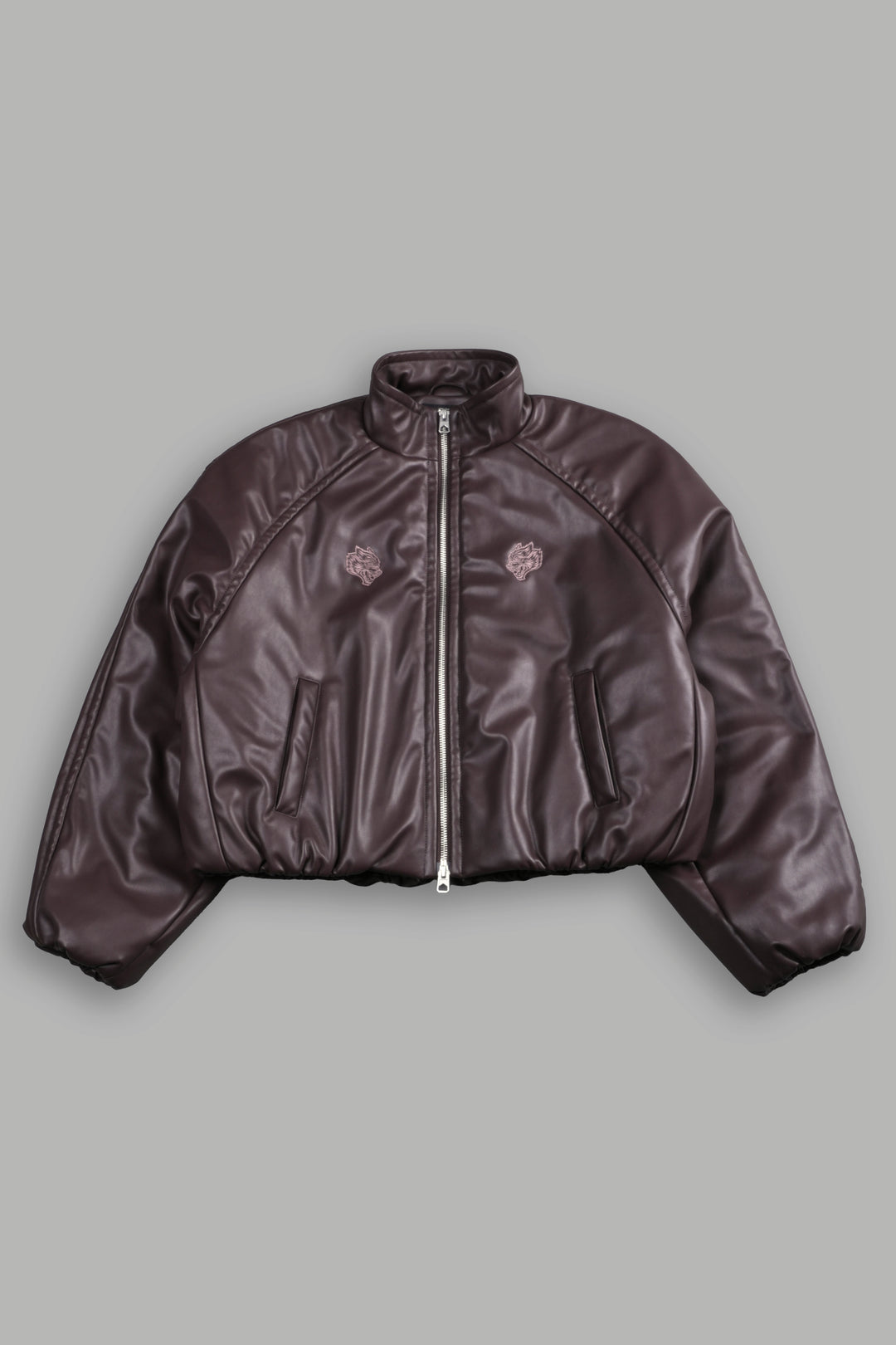 Dual Wolf Chopper Sofia Faux Leather Bomber Jacket in Darc Garnet