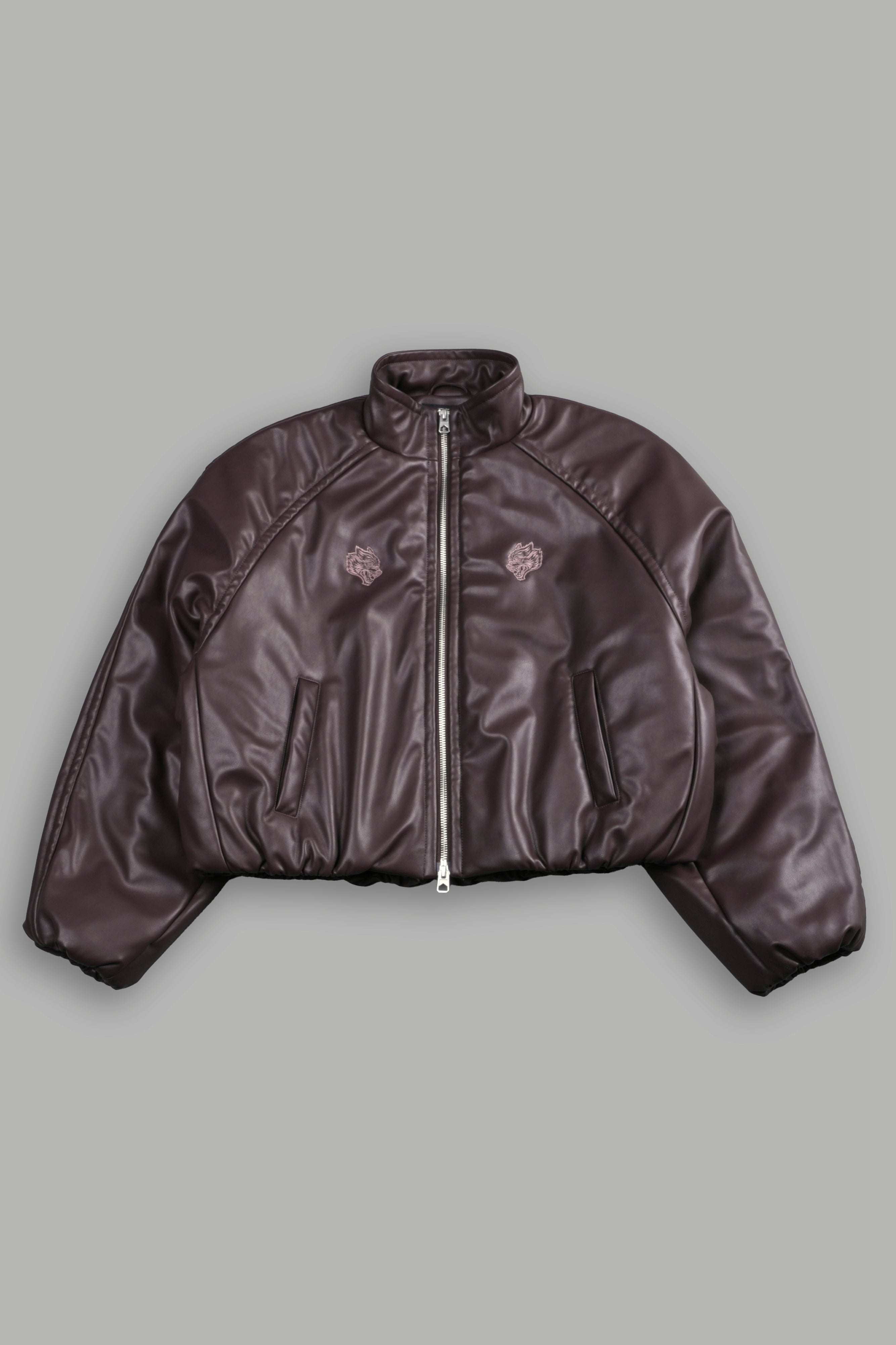 Dual Wolf Chopper Sofia Faux Leather Bomber Jacket in Darc Garnet