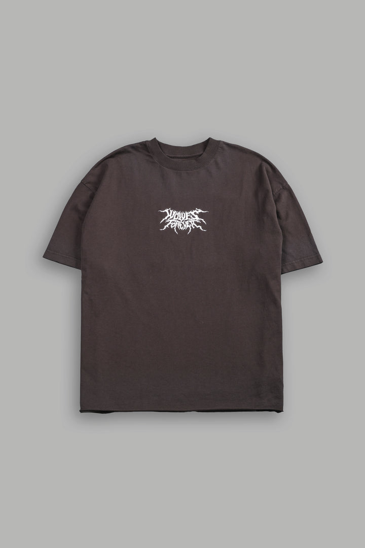 Work In Silence NFGU Grunge Mid Length Raw Hem Tee in Darc Brown Drift Wash
