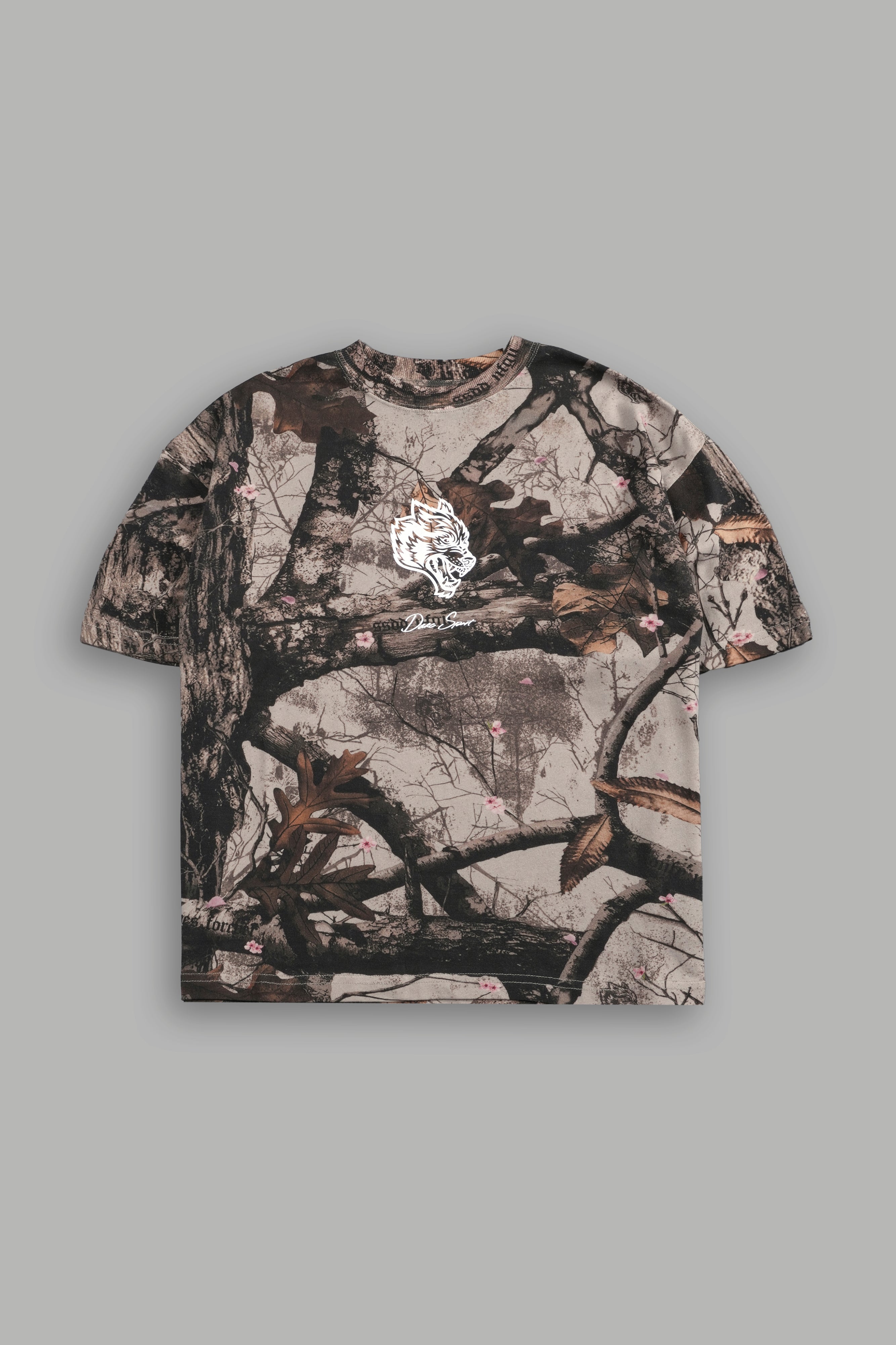 Our Wolf Forever Box Cut "Pump Cover" Tee in Cherry Blossom Woodland Camo