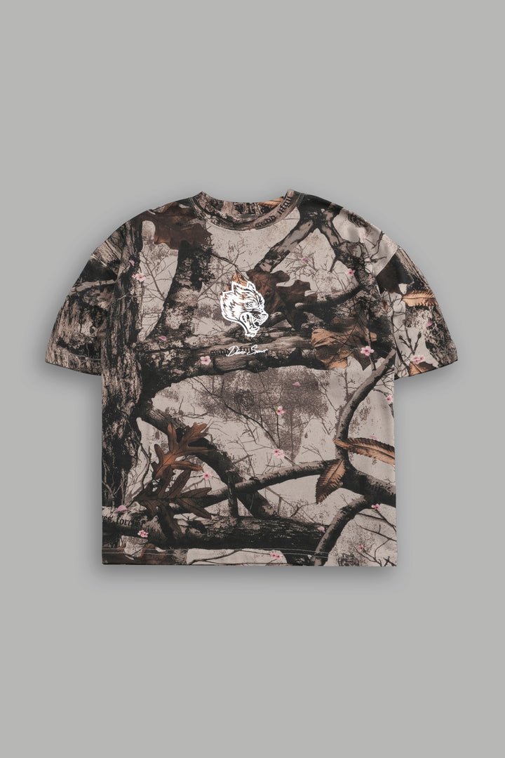 Our Wolf Forever Box Cut "Pump Cover" Tee in Cherry Blossom Woodland Camo