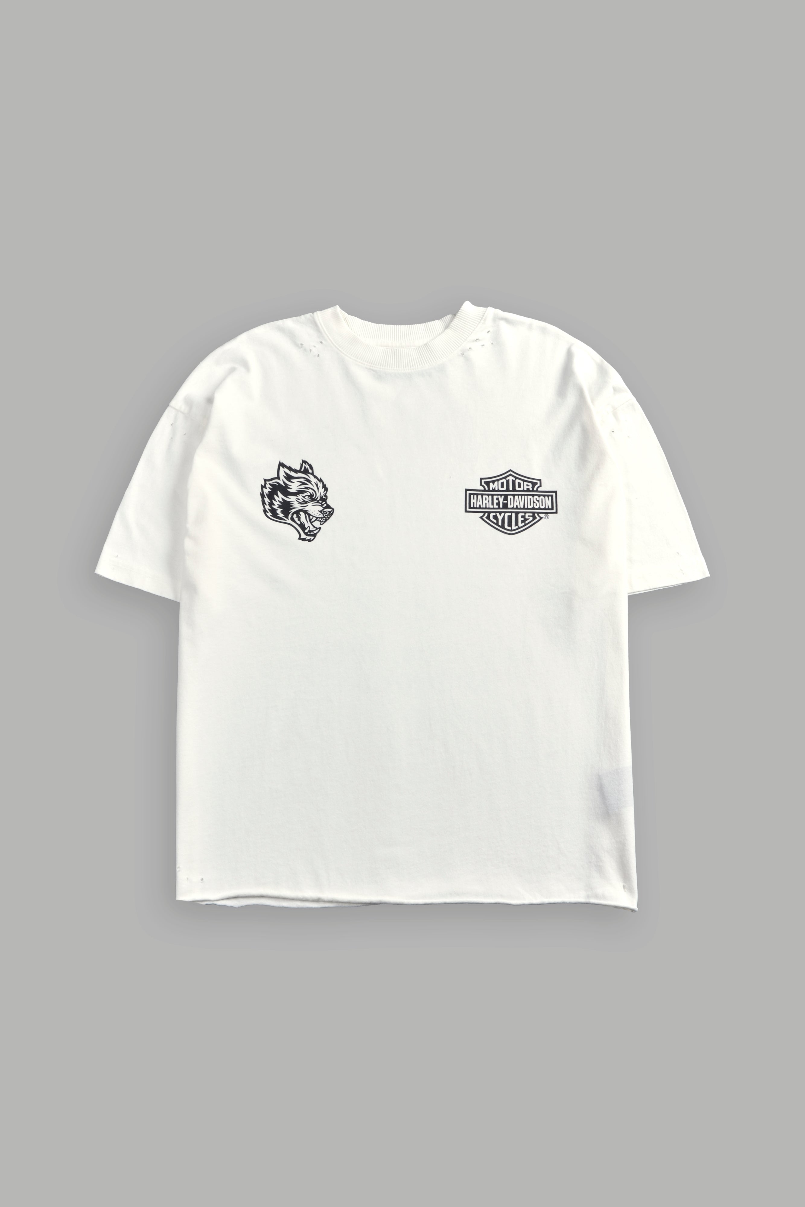 Harley-Davidson Wolves Distressed Grunge Mid-Length Raw Hem Tee in Cream