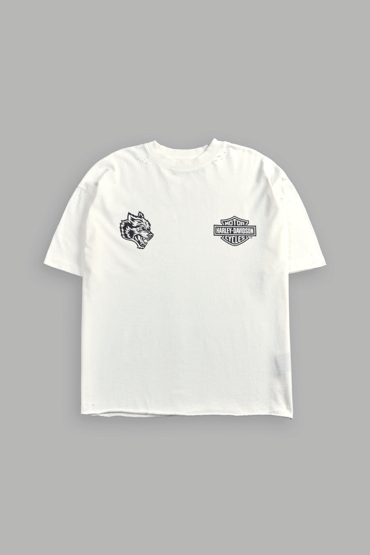 Harley-Davidson Wolves Distressed Grunge Mid-Length Raw Hem Tee in Cream