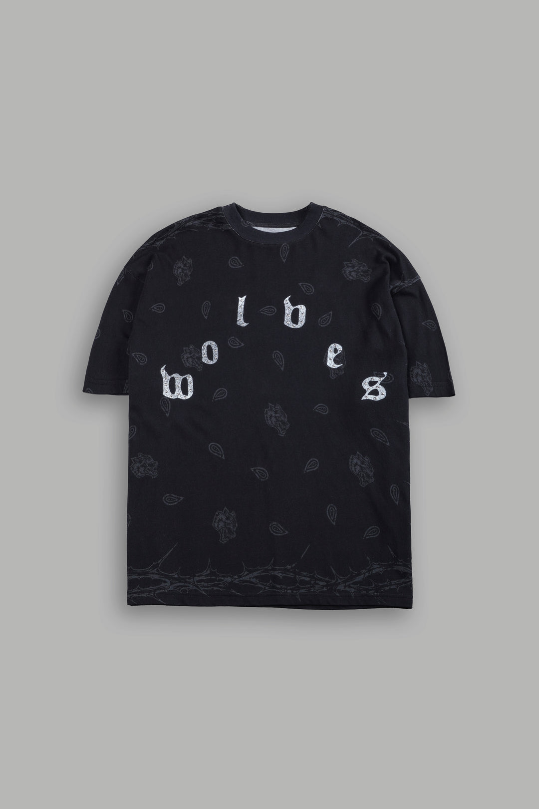 Studded Wolves Pyramid Premium Oversized Tee in Black Thorn Paisley