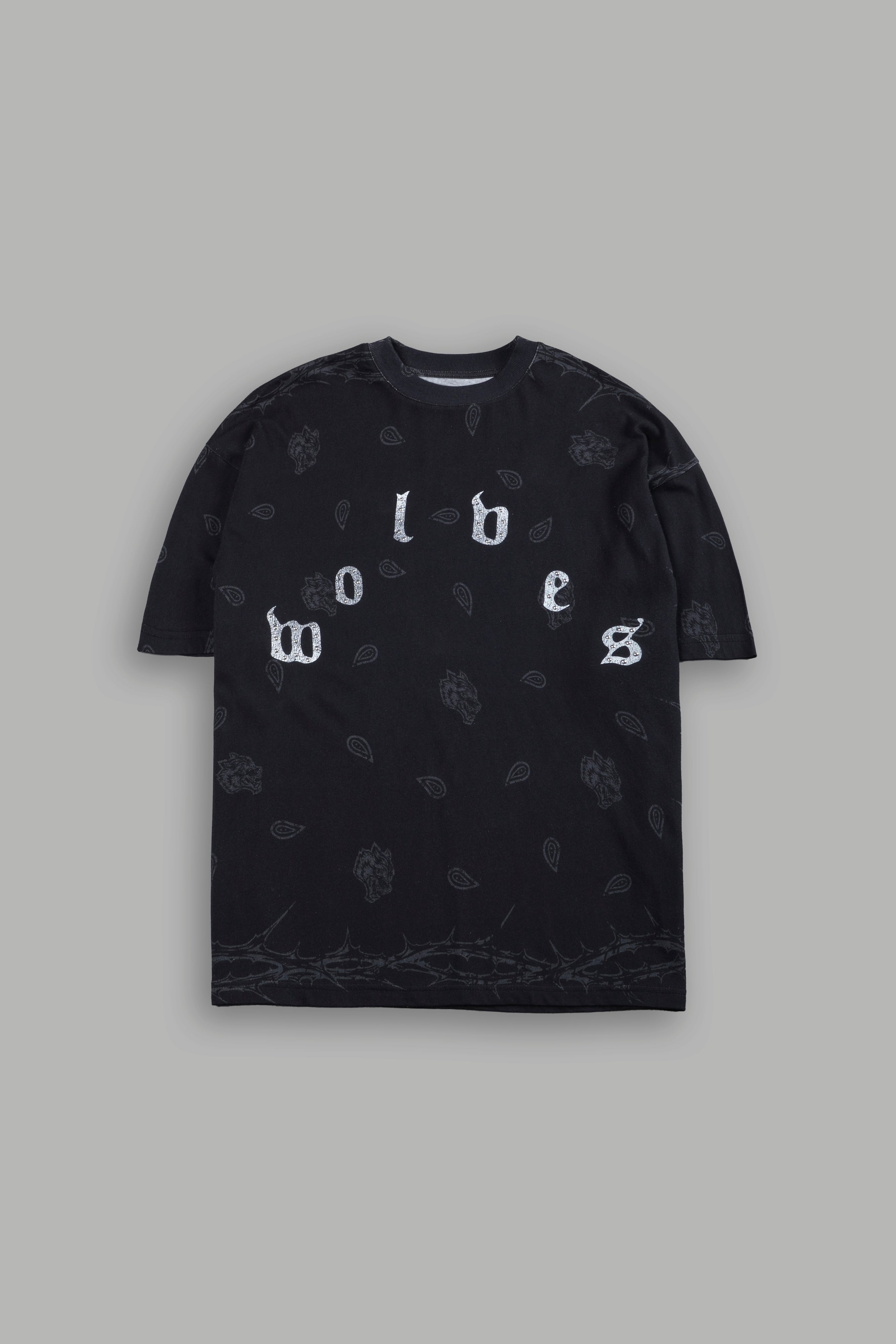 Studded Wolves Pyramid Premium Oversized Tee in Black Thorn Paisley