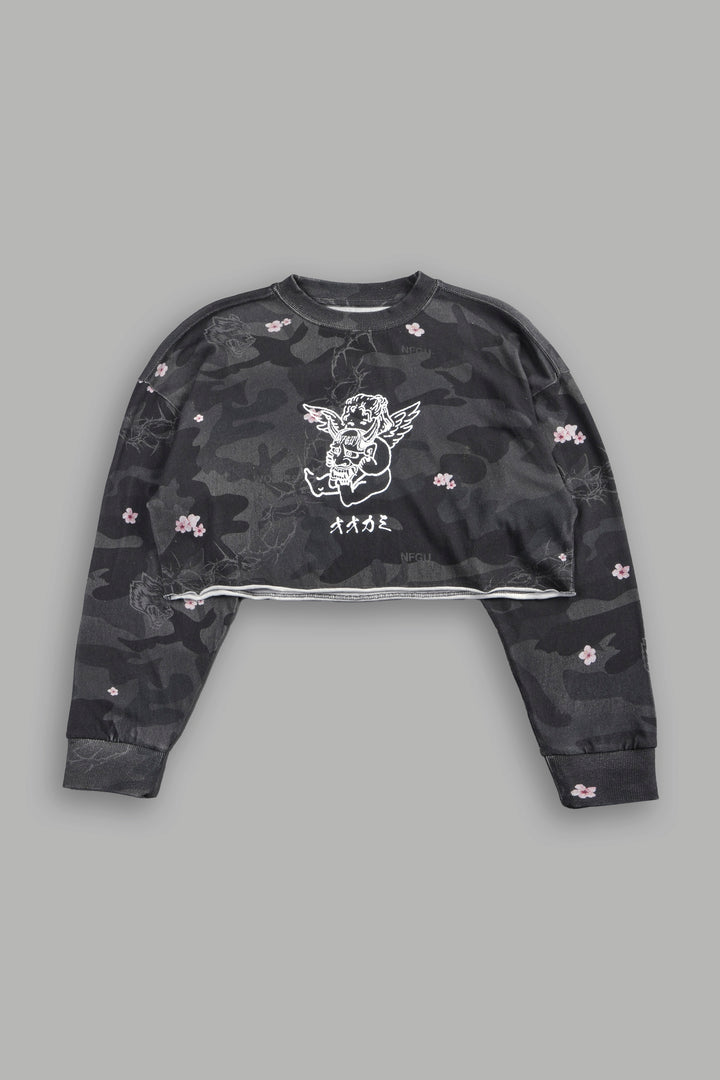 Oni Cherub Premium Oversized Cropped Ls Tee in Warrior In A Garden Black Camo