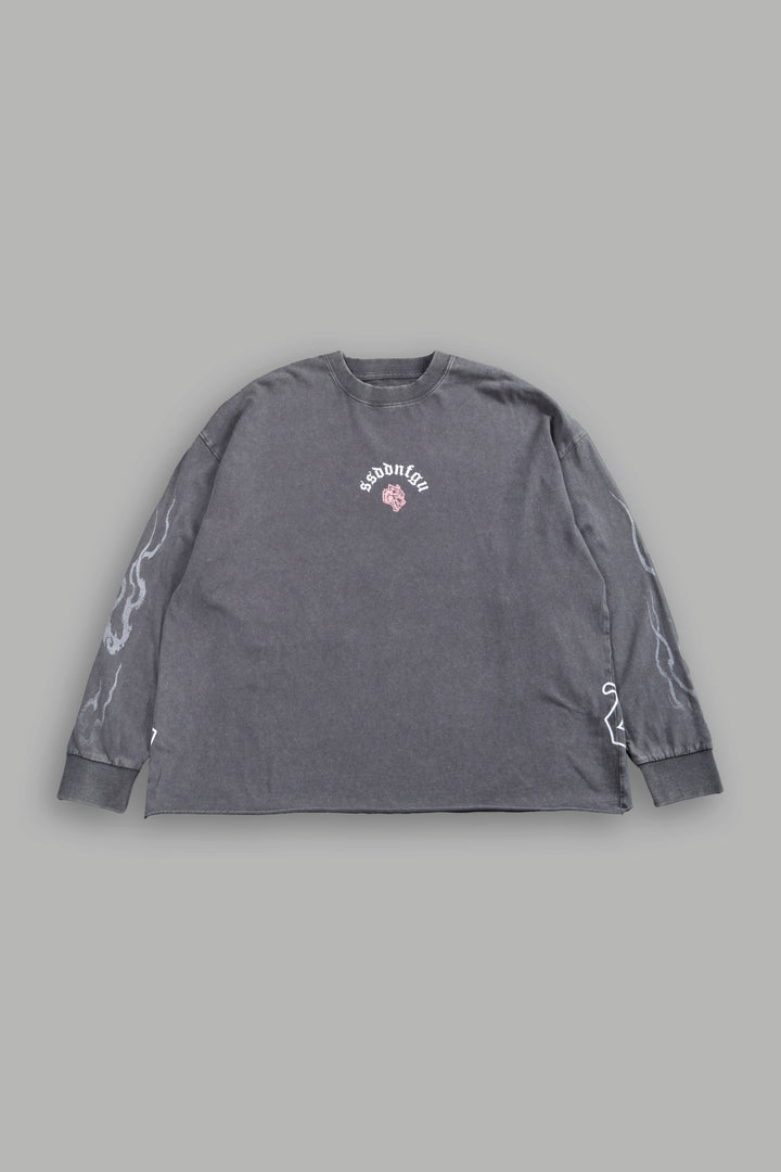 Our Sacrifice Grunge Mid Length Raw Hem LS Tee in Slate Gray