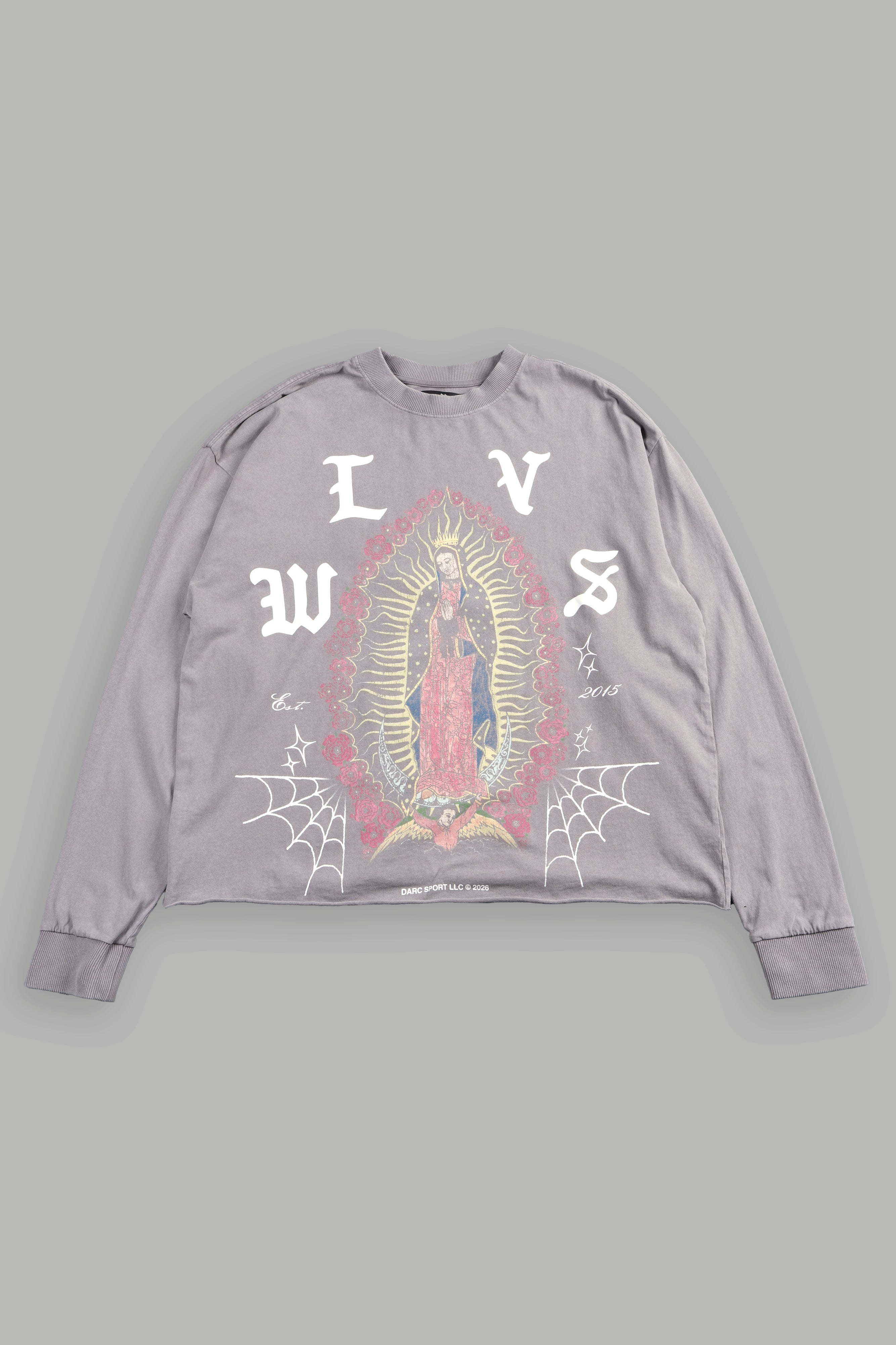 Dama De Las Rosas Grunge Mid Length Raw Hem Ls Tee In Pale Gray
