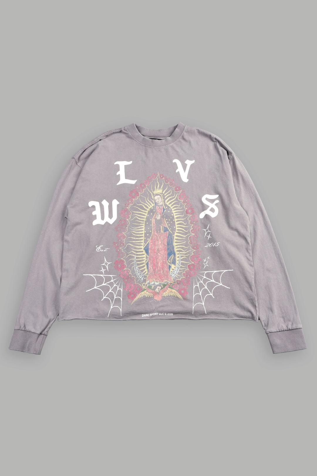 Dama De Las Rosas Grunge Mid Length Raw Hem Ls Tee In Pale Gray