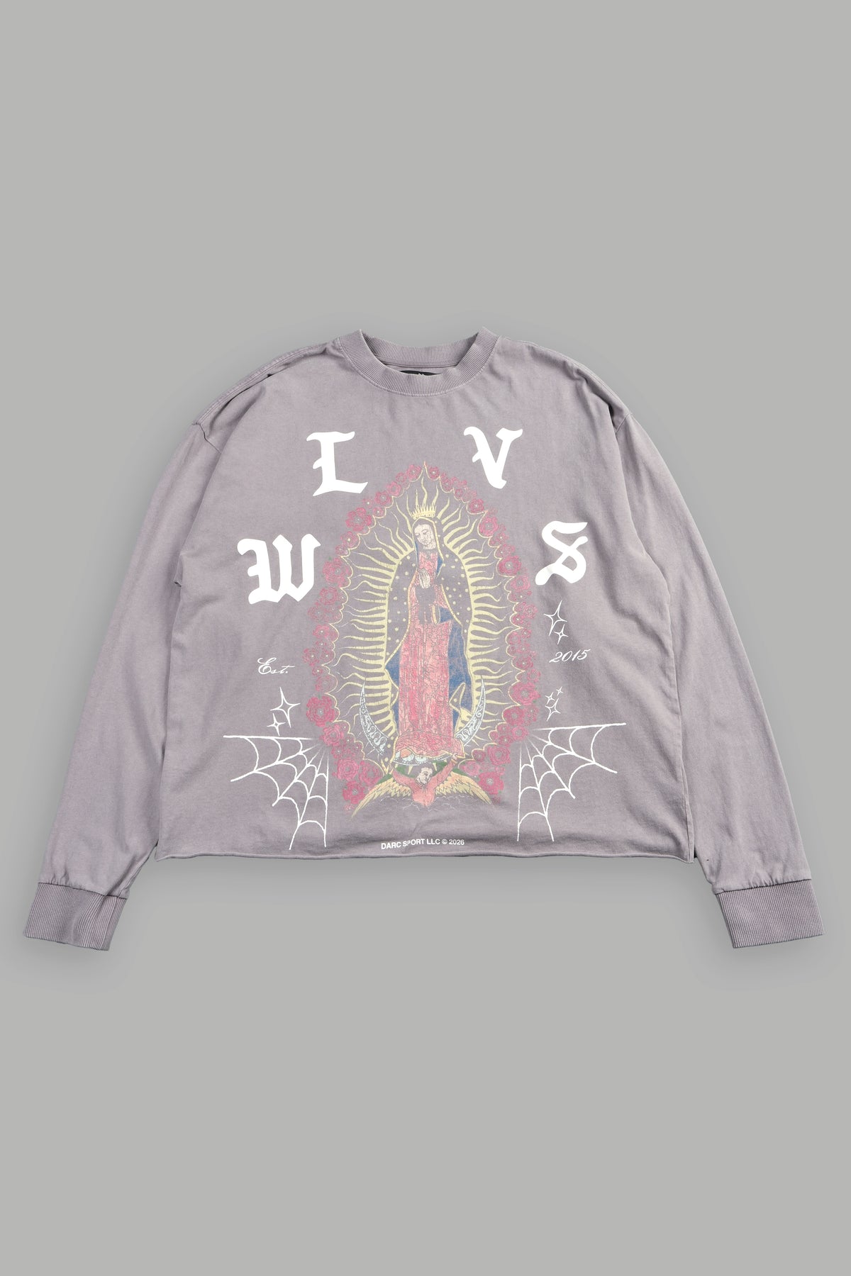 Dama De Las Rosas Grunge Mid Length Raw Hem Ls Tee In Pale Gray