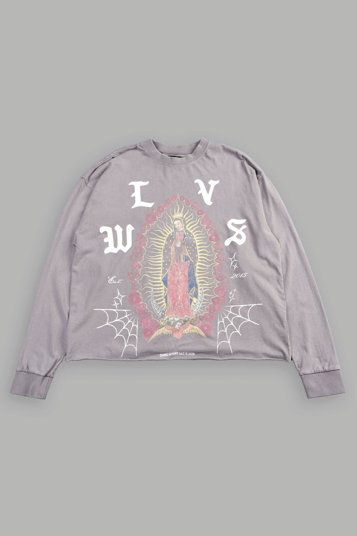 Dama De Las Rosas Grunge Mid Length Raw Hem Ls Tee In Pale Gray