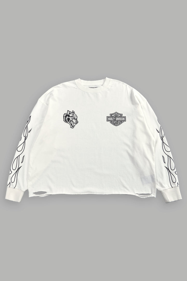 Harley-Davidson Wolves Distressed Grunge "Box Cut" L/S Tee in Cream
