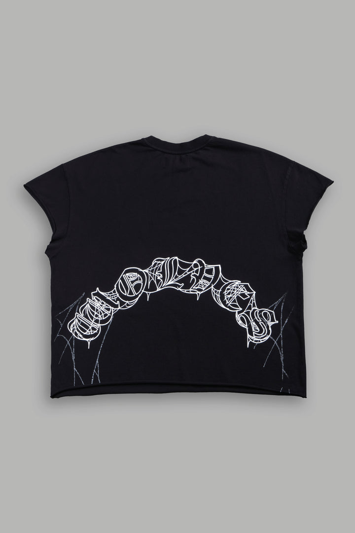 Web Of Darkness Grunge Mid Length Raw Hem Cap Sleeve Tee in Black