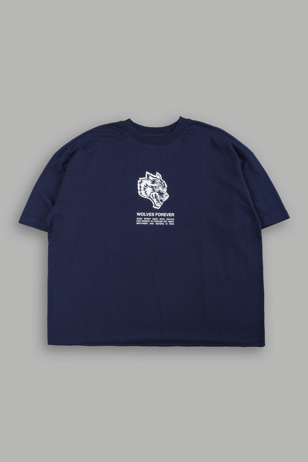 Wolves Have Your Back Distressed Grunge Mid Length Raw Hem Tee In Navy