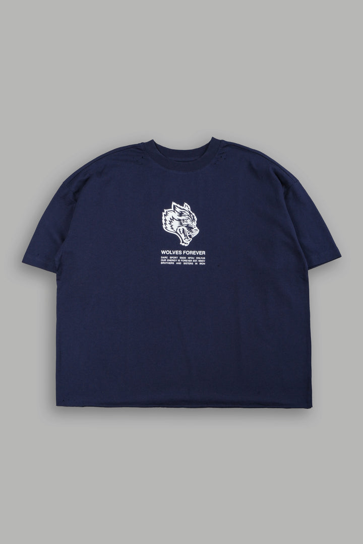 Wolves Have Your Back Distressed Grunge Mid Length Raw Hem Tee In Navy
