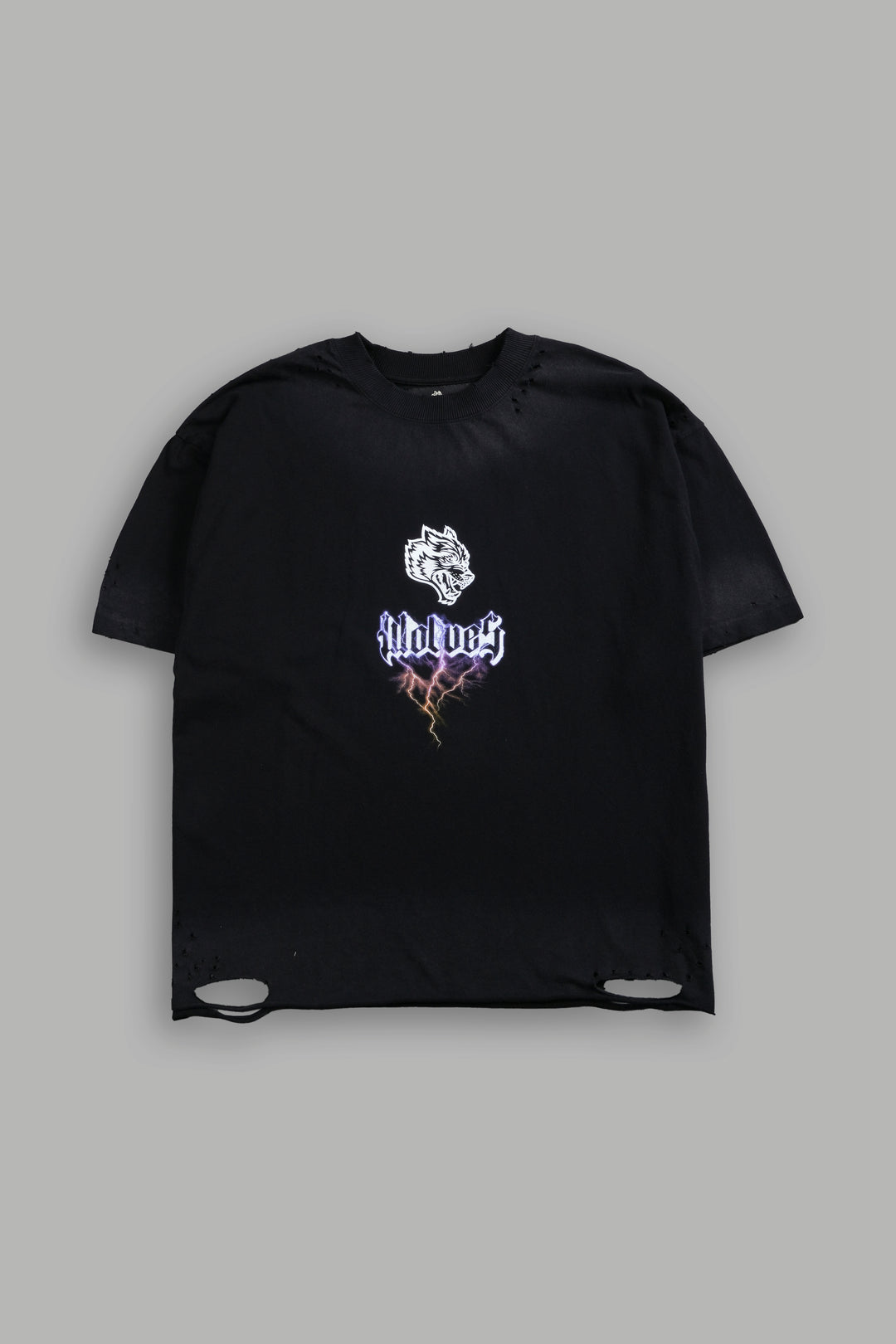 Wolves Lightning Distressed Grunge Tee in Black Drift Wash