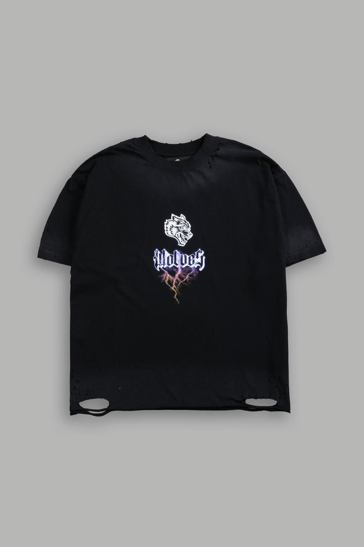 Wolves Lightning Distressed Grunge Tee in Black Drift Wash