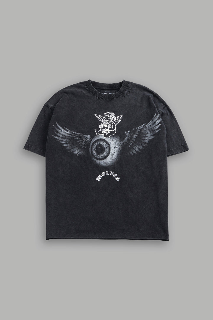 Flight Club Distressed Grunge Mid-Length Raw Hem Tee in Black