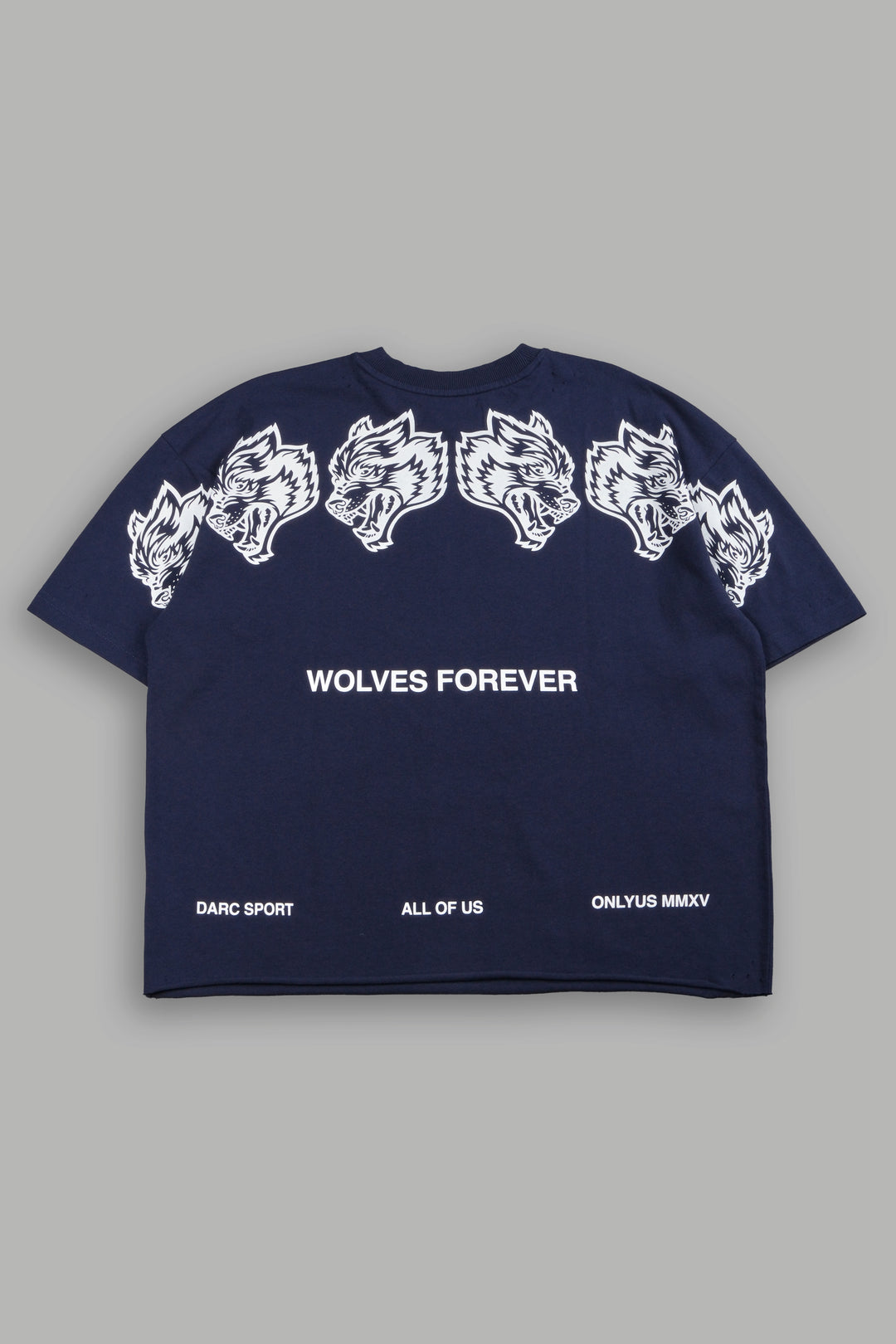 Wolves Have Your Back Distressed Grunge Mid Length Raw Hem Tee In Navy