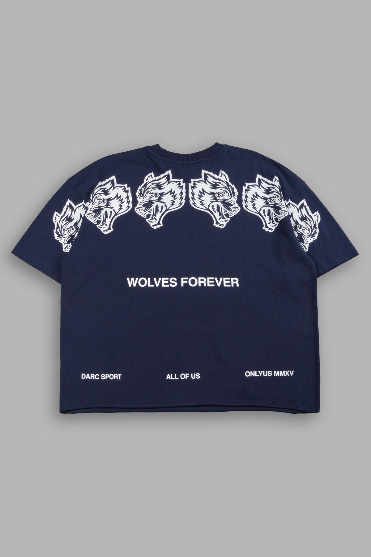 Wolves Have Your Back Distressed Grunge Mid Length Raw Hem Tee In Navy